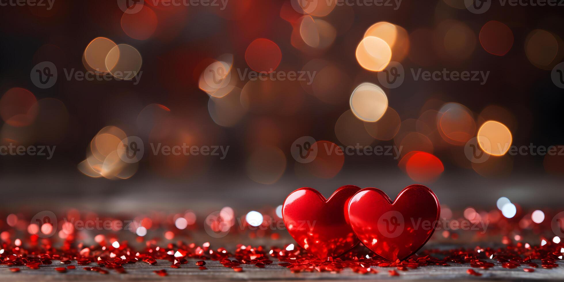 AI generated Festive valentines background with glistering red hearts decoration and copy space. Valentine, mothers, womens day, wedding or birthday banner concept. photo