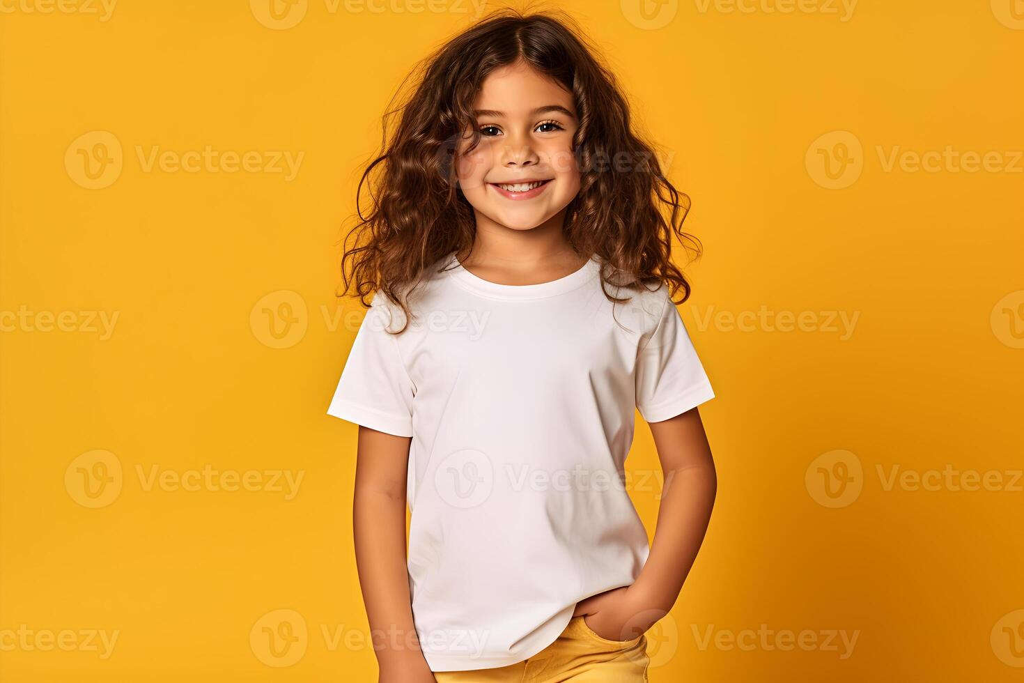 AI generated Female child, girl wearing bella canvas white shirt mockup, at yellow background. Design tshirt template, print presentation mock-up. AI generated. photo