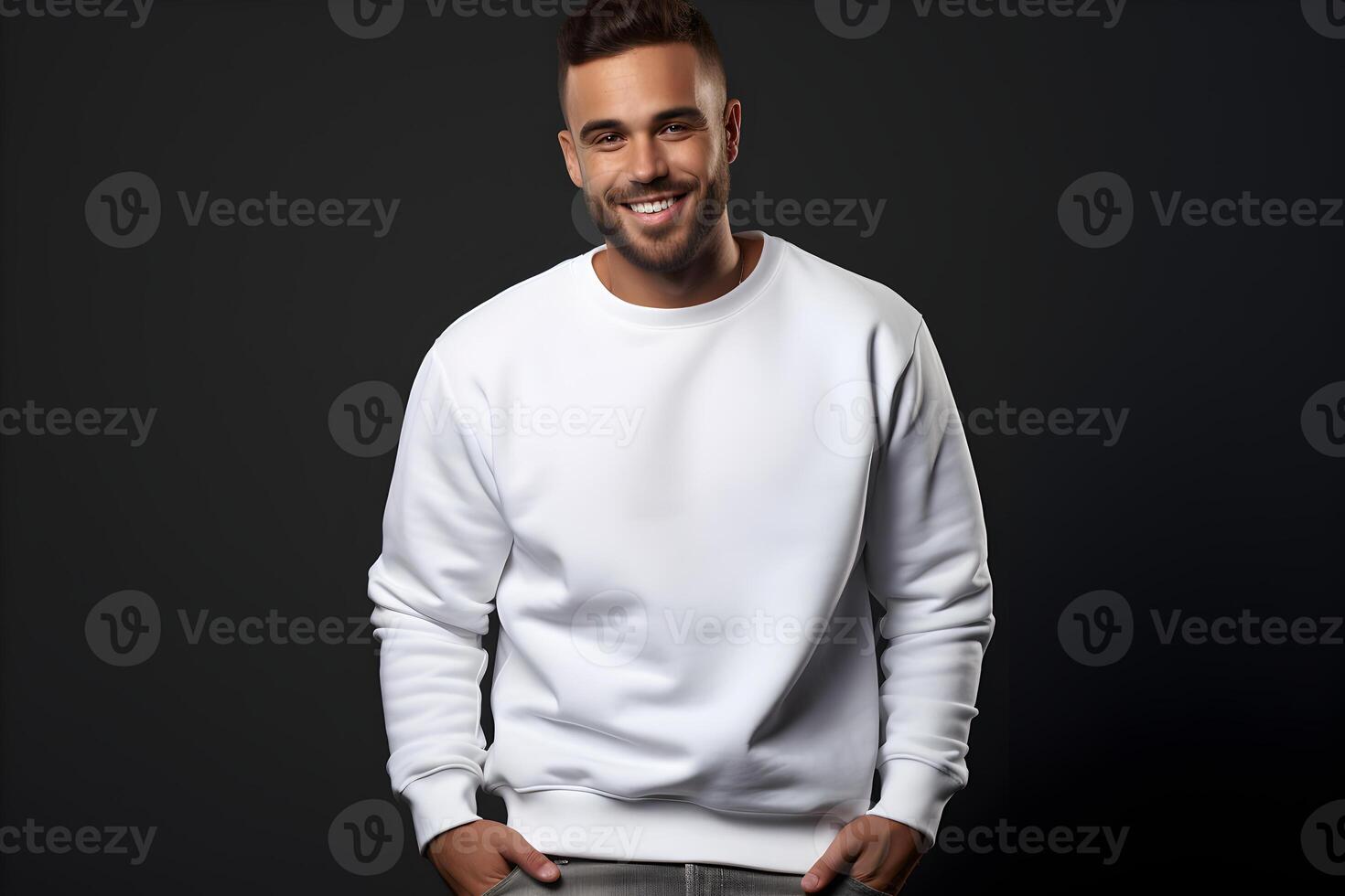 AI generated Young man wearing white sweatshirt mockup, at dark background. Design pullover template, print presentation mock-up. AI generated. photo