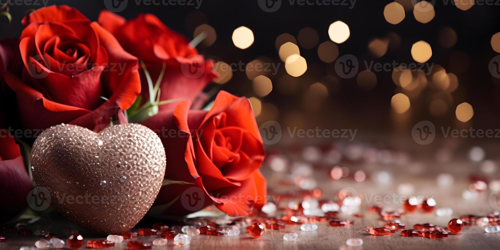AI generated Festive valentines background with sparkling heart decoration and red roses flowers. Valentine, mothers, womens day, wedding or birthday banner concept with copy space. photo