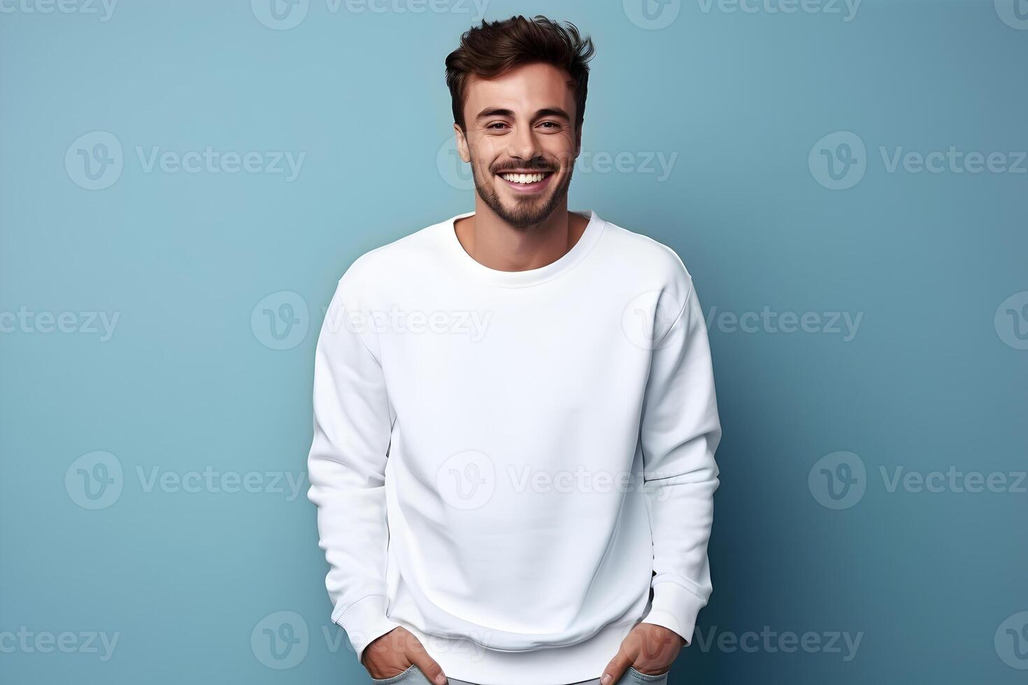 AI generated Young man wearing white sweatshirt mockup, at blue background. Design pullover template, print presentation mock-up. AI generated. photo