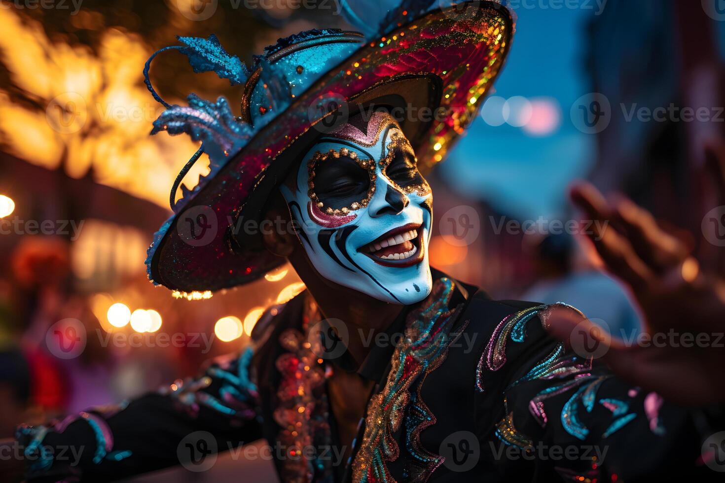 AI generated Beautiful closeup portrait of young man in traditional outfit and makeup for the Day of the Dead, dancing at the national Mexican festival. photo