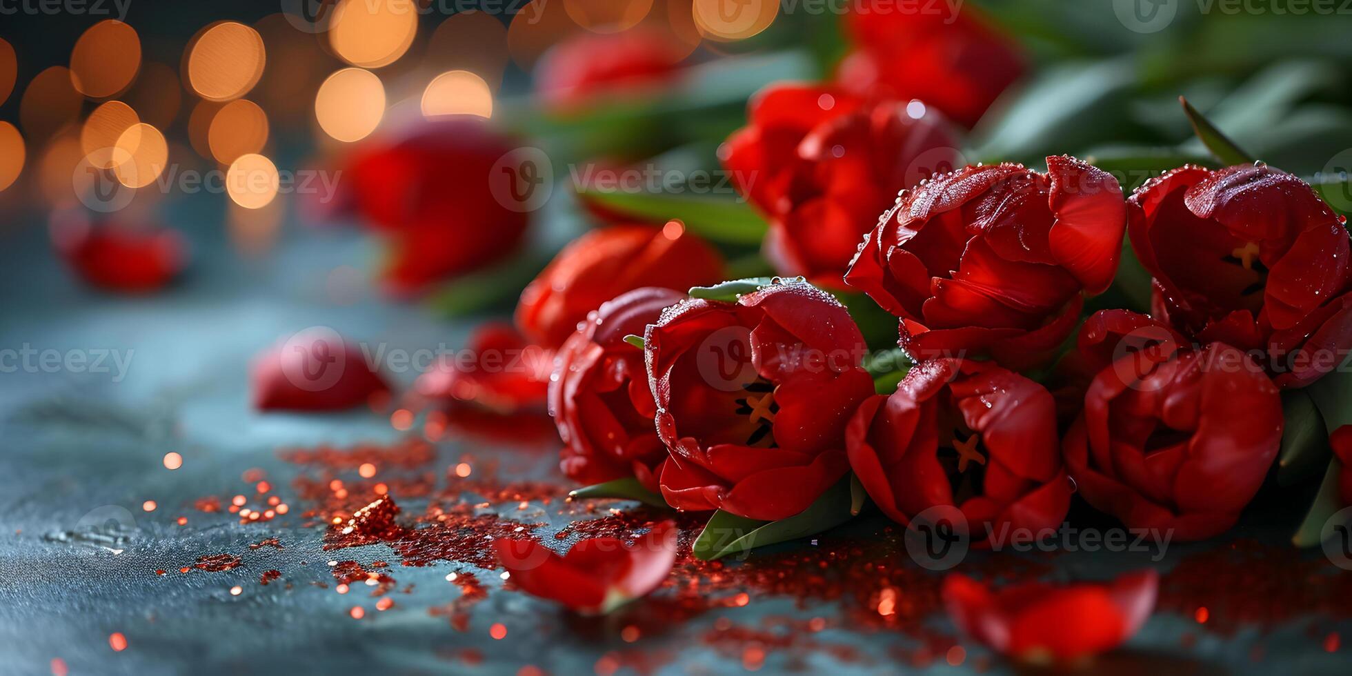 ai generado festivo rojo tulipanes flores en espumoso oscuro antecedentes. san valentin, madres, De las mujeres día, boda, cumpleaños o primavera estacional fiesta bandera concepto con Copiar espacio. foto