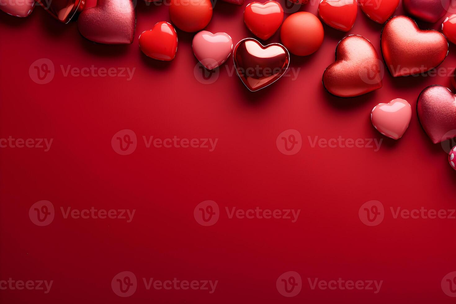 AI generated Red hearts on red background. Valentines, mothers, womens day, wedding or birthday flat lay concept. Top view with copy space. photo