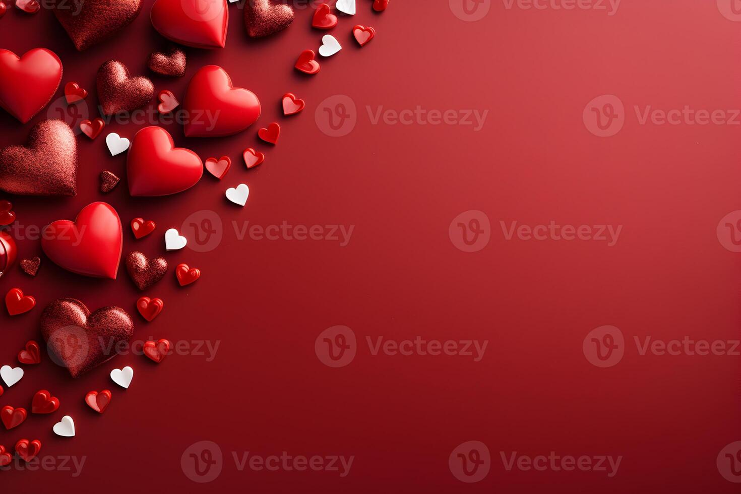 AI generated Red and white hearts on red background. Valentines, mothers, womens day, wedding or birthday flat lay concept. Top view with copy space. photo