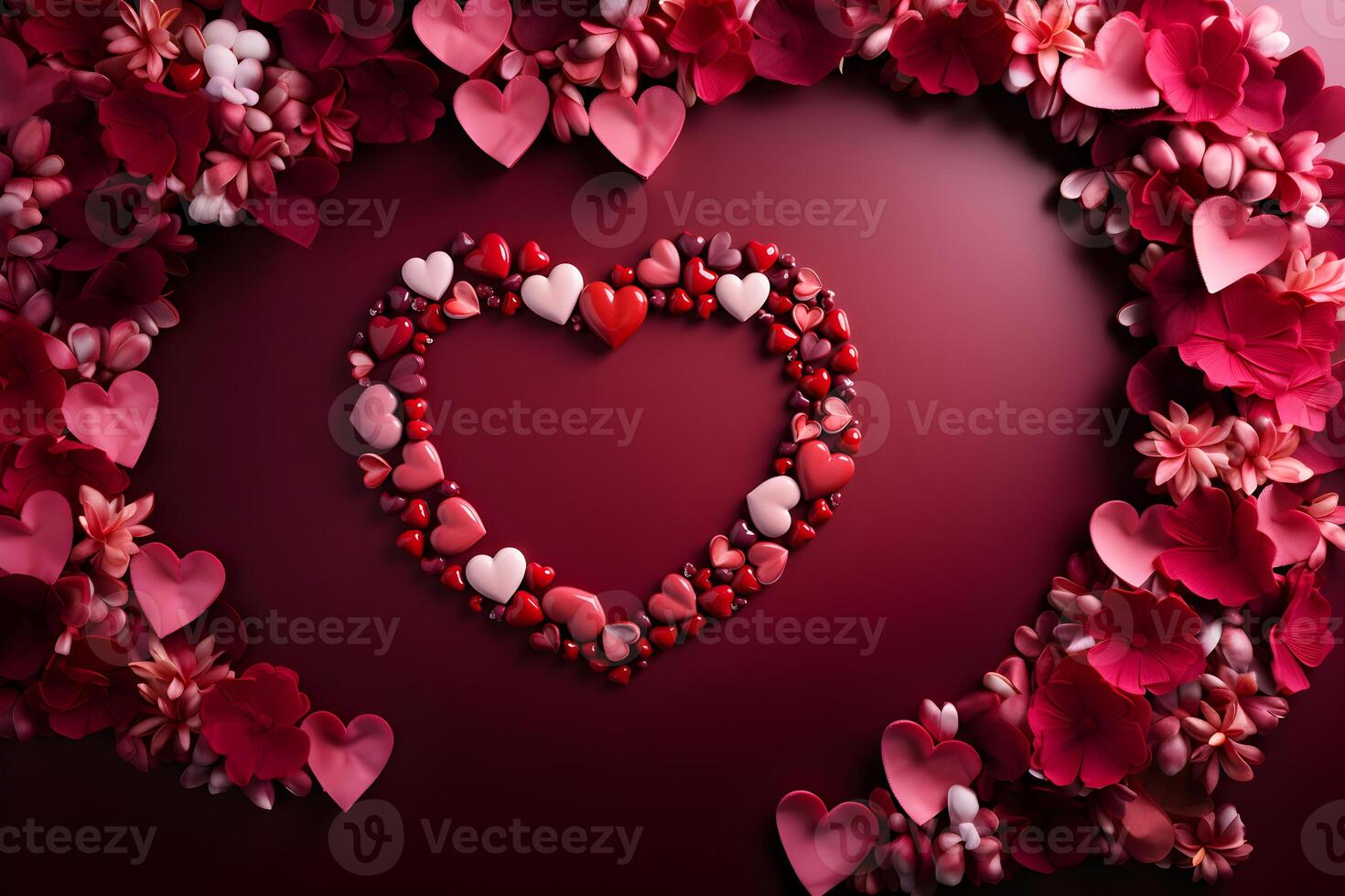 AI generated Hearts and flowers decoration on dark red background. Valentines, mothers, womens day, wedding or birthday flat lay banner concept. Top view with copy space. photo