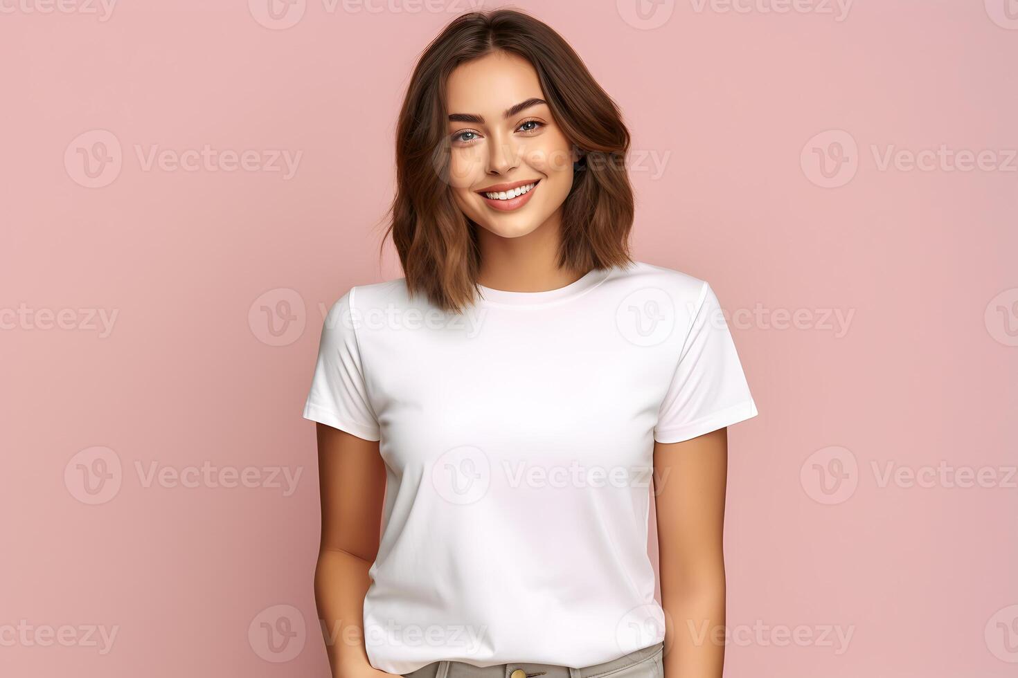 AI generated Young woman wearing bella canvas white shirt mockup, at pink background. Design tshirt template, print presentation mock-up. AI generated. photo