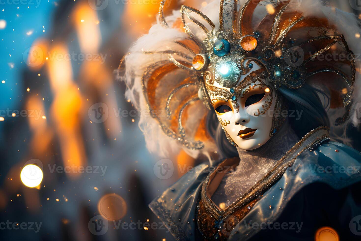 AI generated Beautiful closeup portrait of young woman in traditional venetian carnival mask and costume, at the national Venice festival in Italy. photo