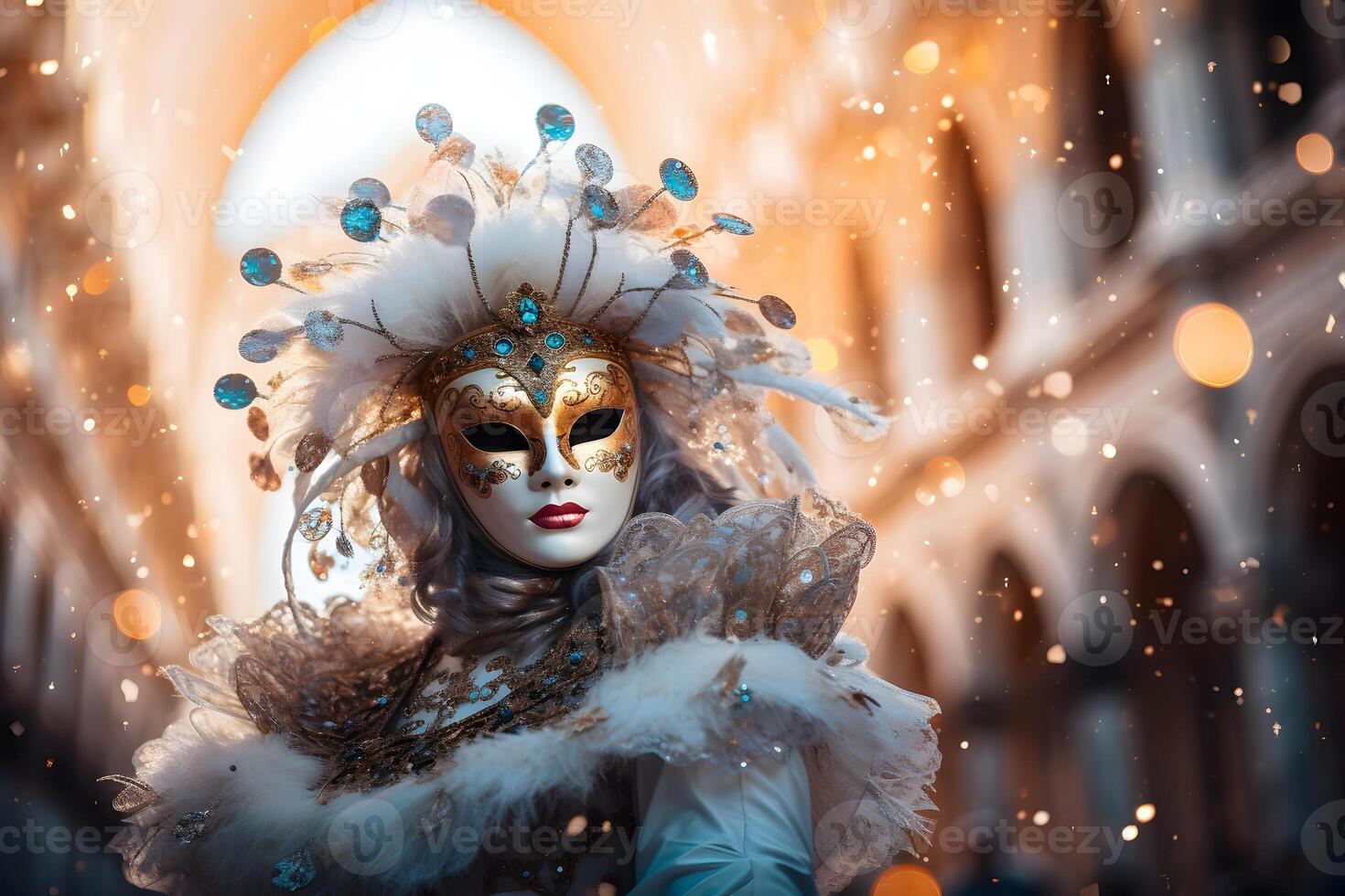 AI generated Beautiful closeup portrait of young woman in traditional venetian carnival mask and costume, at the national Venice festival in Italy. photo