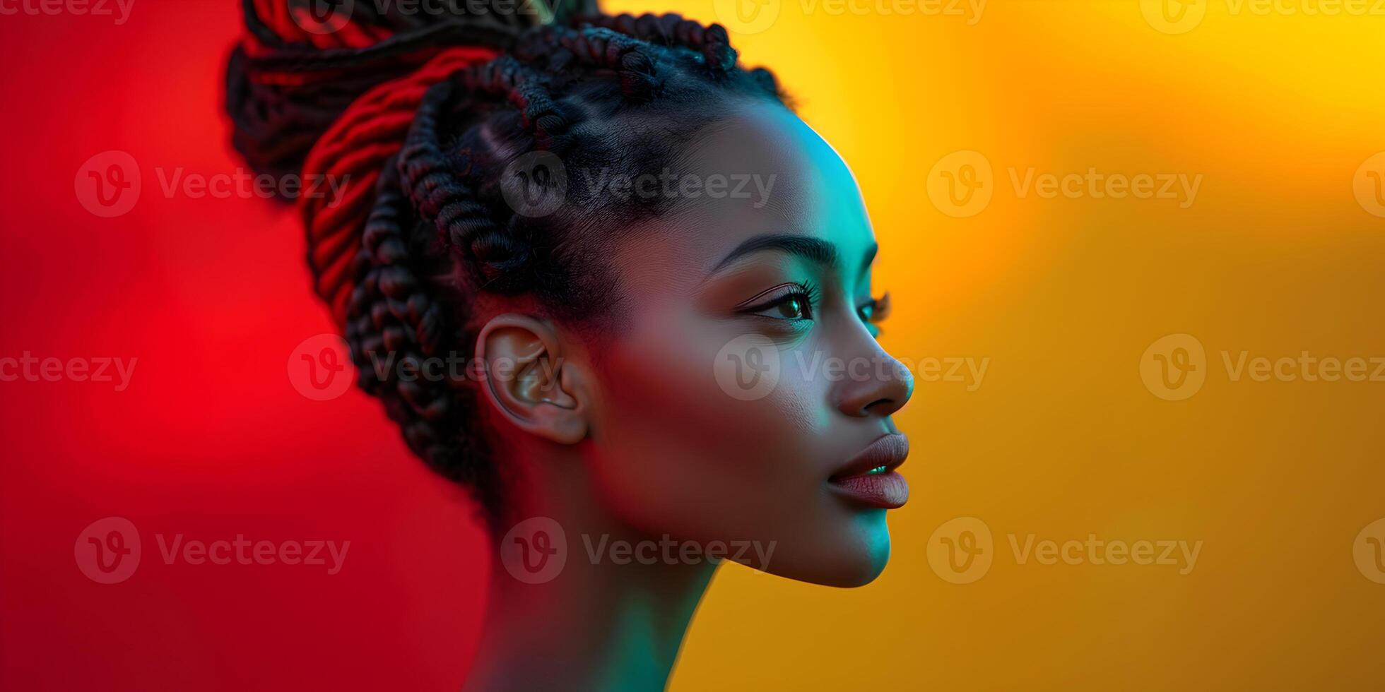 AI generated Black History Month banner with african-american woman portrait in profile over red yellow green black colors. Juneteenth Freedom Day Celebration, african liberation day concept. photo