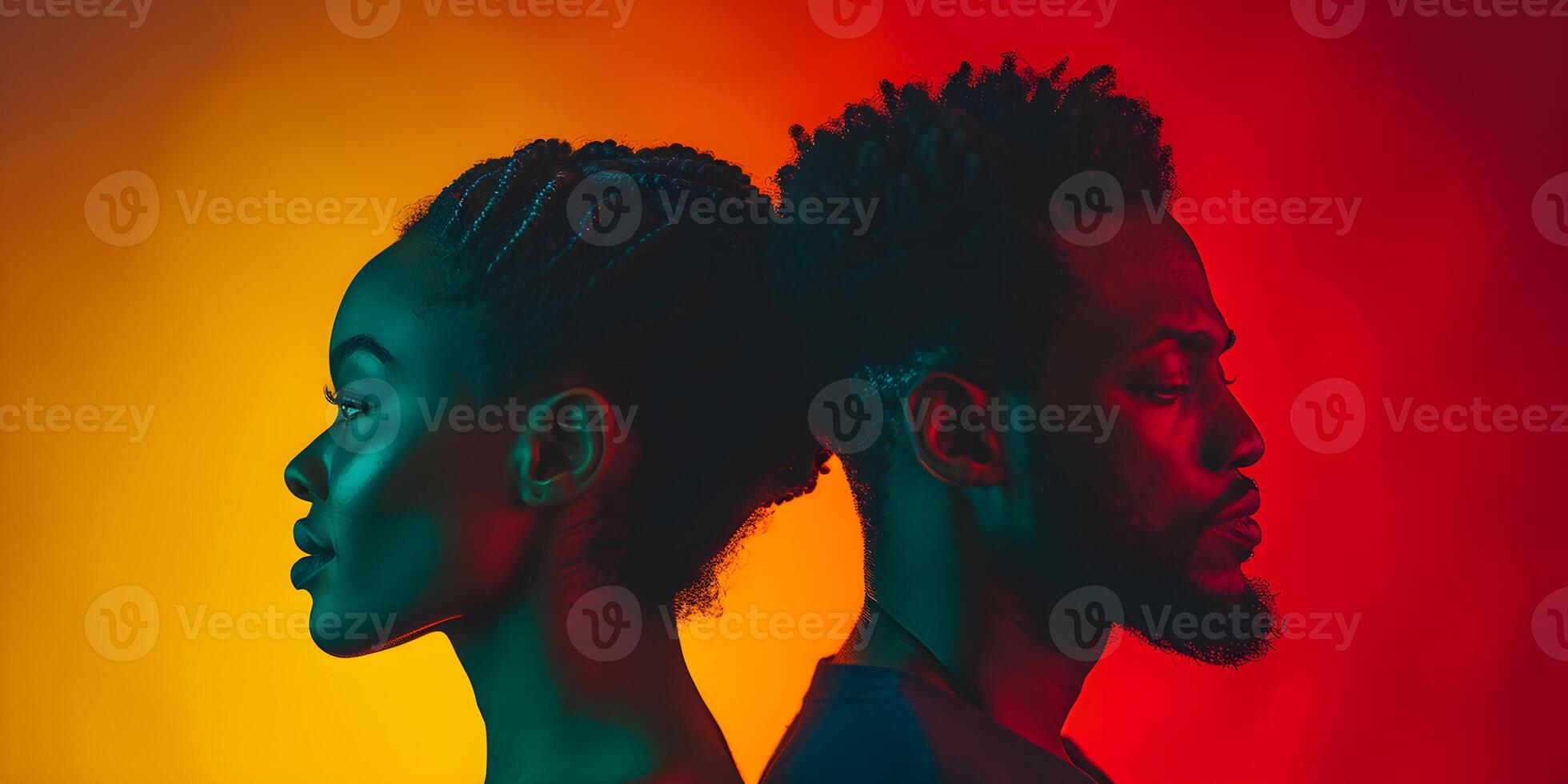 AI generated Black History Month banner with african-american couple portrait in profile over red yellow green black background. Juneteenth Freedom Day Celebration, african liberation day concept. photo