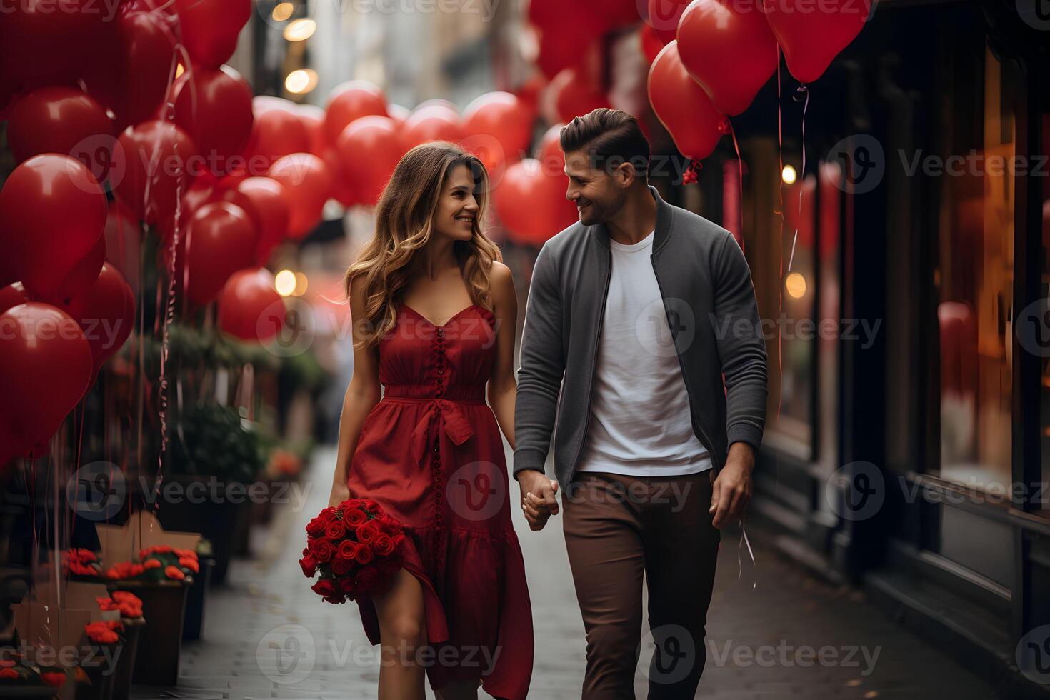 ai generado joven Pareja en amor camina a lo largo el calle con rojo corazones globos san valentin día, cumpleaños o un oferta de matrimonio celebracion. foto