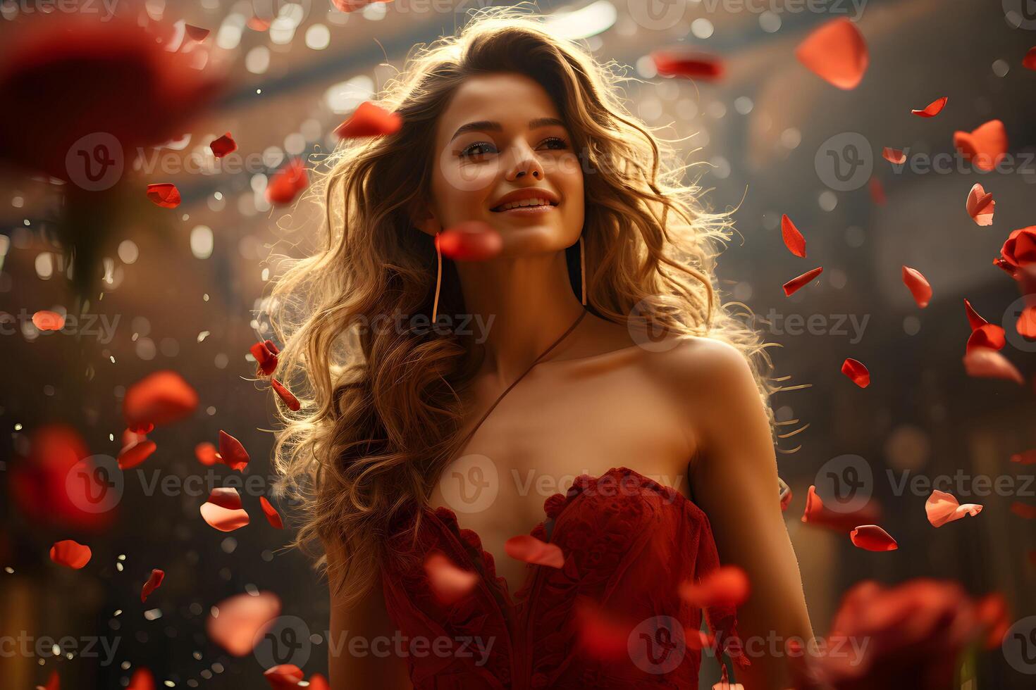 AI generated Young brunette woman with red roses petals confetti at party. Valentine's day, birthday or party, holiday celebration concept. photo