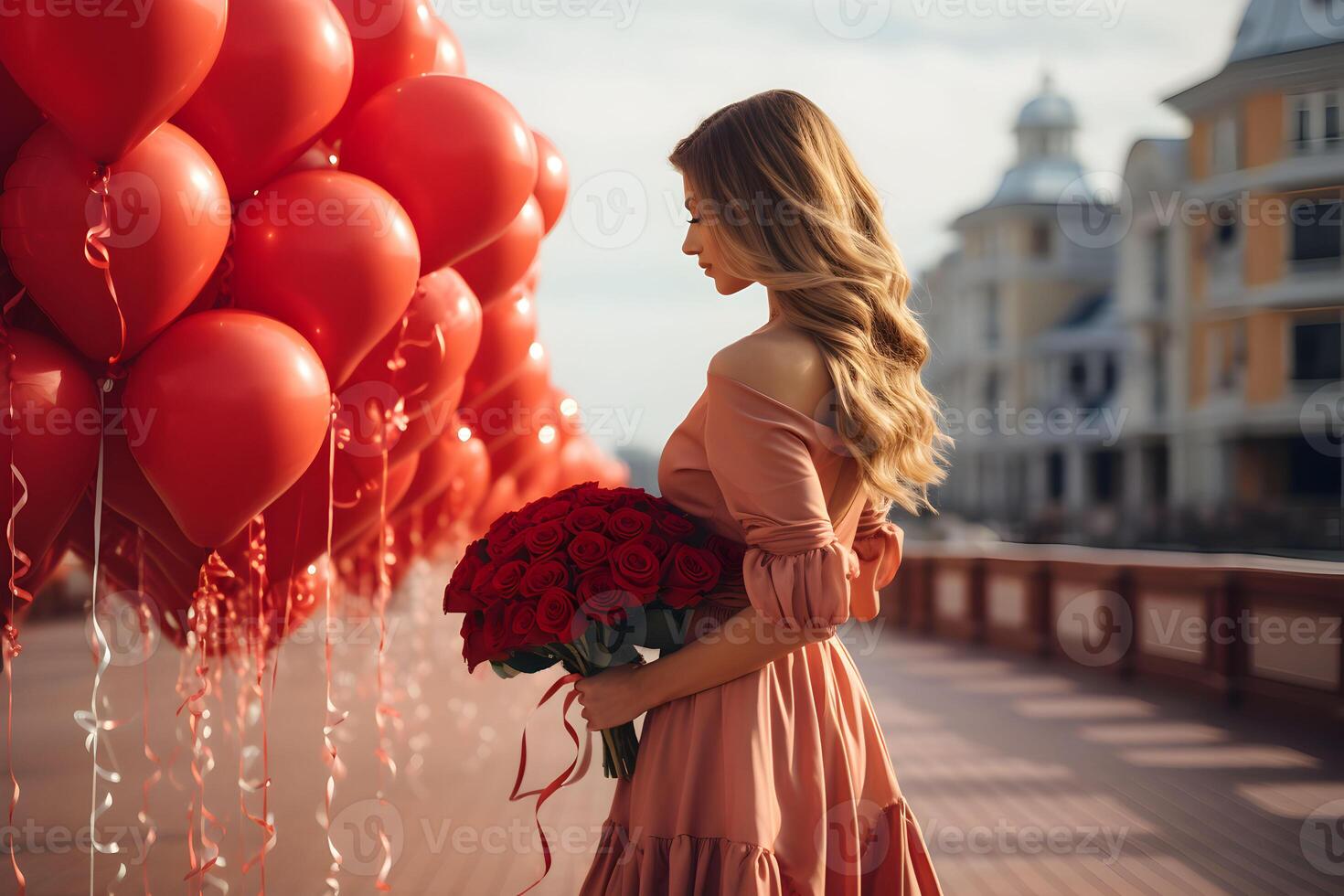 ai generado joven mujer con rojo rosas ramo de flores en el mano y rojo corazones globos a el calle antecedentes. san valentin día, cumpleaños o un oferta de matrimonio celebracion. foto