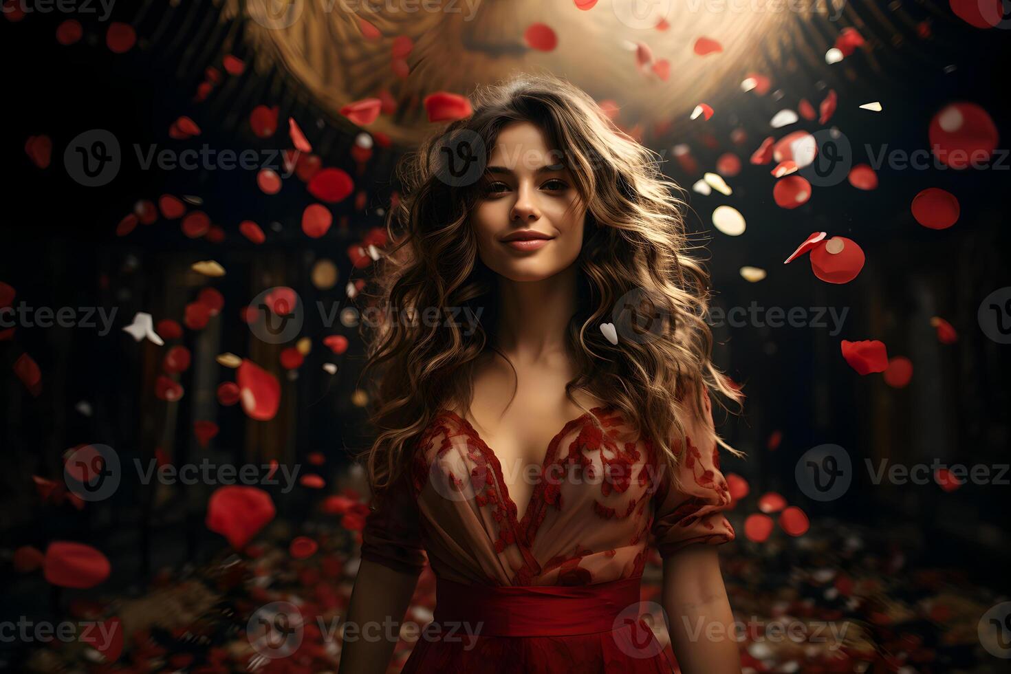 AI generated Young brunette woman posing with red roses petals confetti at dark background. Valentines day, birthday or party, holiday celebration concept. photo