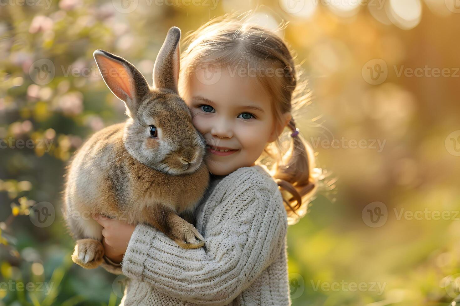 AI generated Cute little girl holding a bunny, rabbit in his arms, on spring garden background. Easter holiday concept. photo