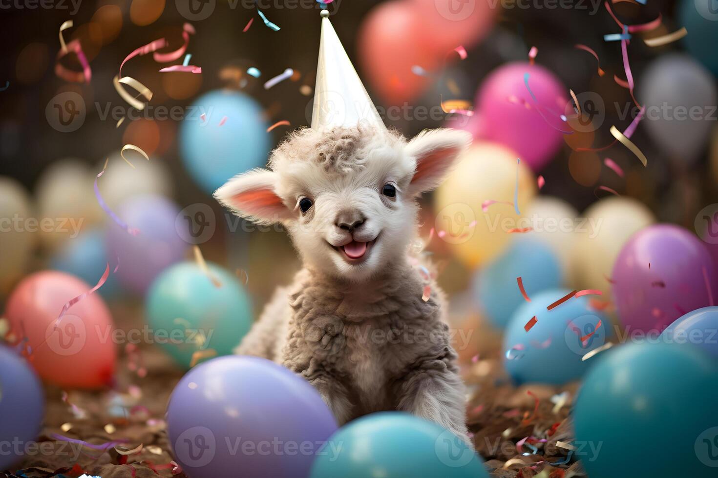 AI generated Happy cute lamb in a party hat enjoys and celebrates a birthday surrounded by falling confetti and balloons. Pet birthday concept on bright background. photo