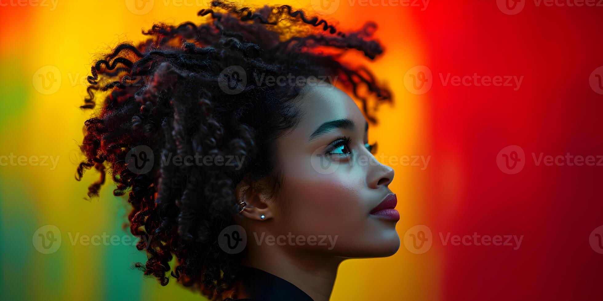 AI generated Black History Month banner with african-american woman portrait in profile over red yellow green black colors background. Juneteenth Freedom Day Celebration, african liberation day. photo