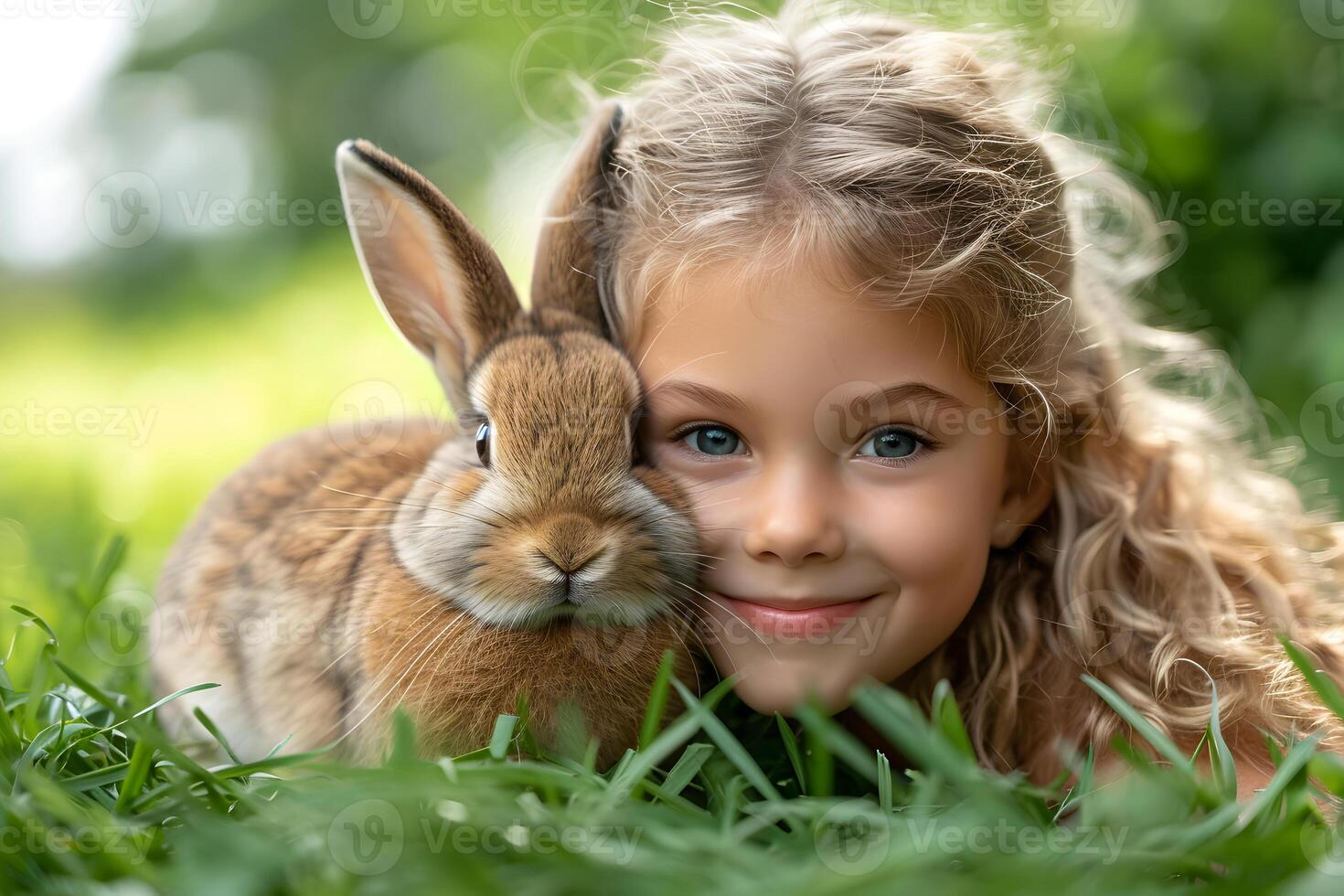 AI generated Cute little girl with bunny, rabbit at the spring meadow with green grass. Easter holiday concept. photo