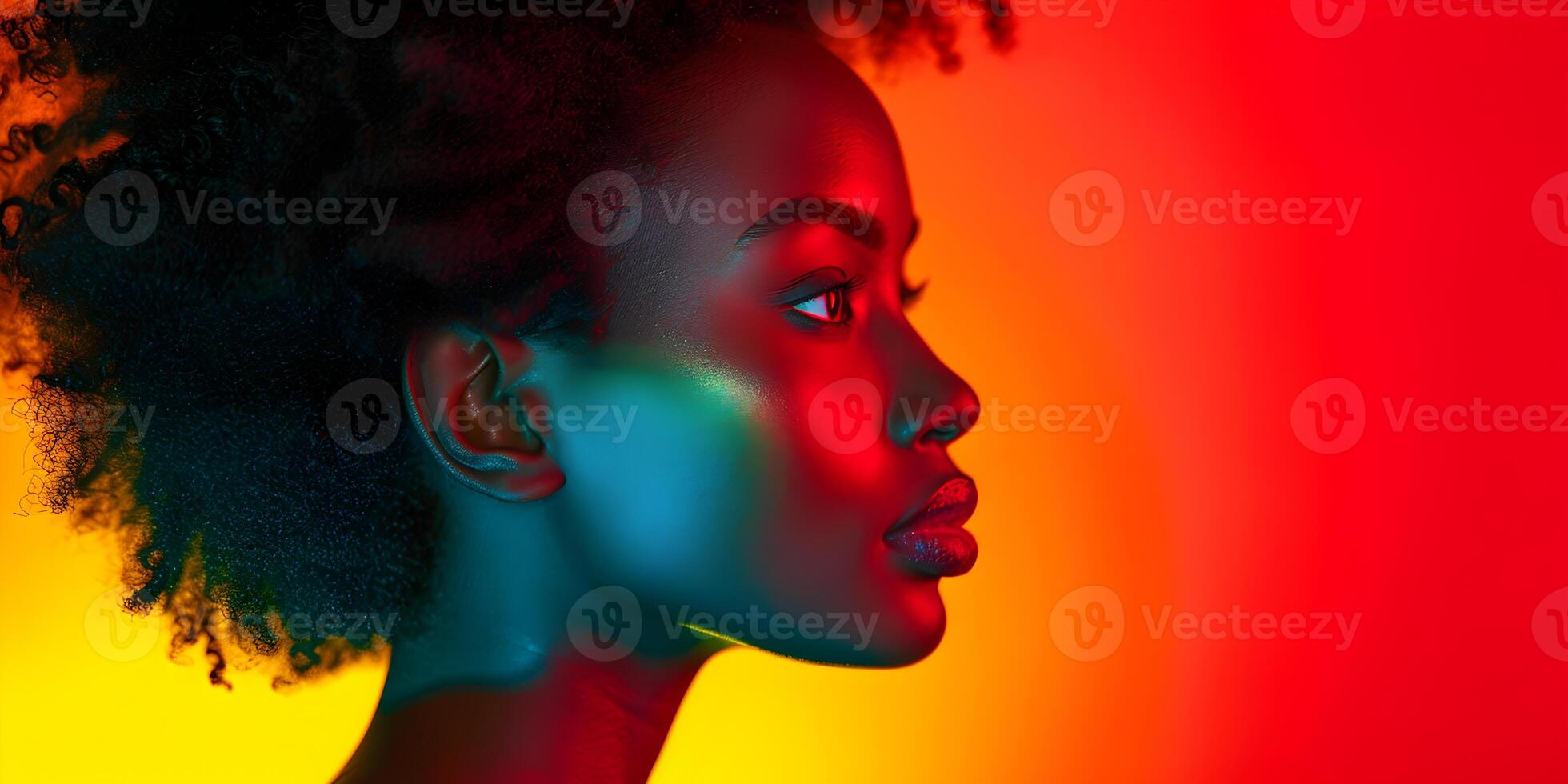 AI generated Black History Month banner with african-american woman portrait in profile over red yellow green black colors background. Juneteenth Freedom Day Celebration, african liberation day. photo