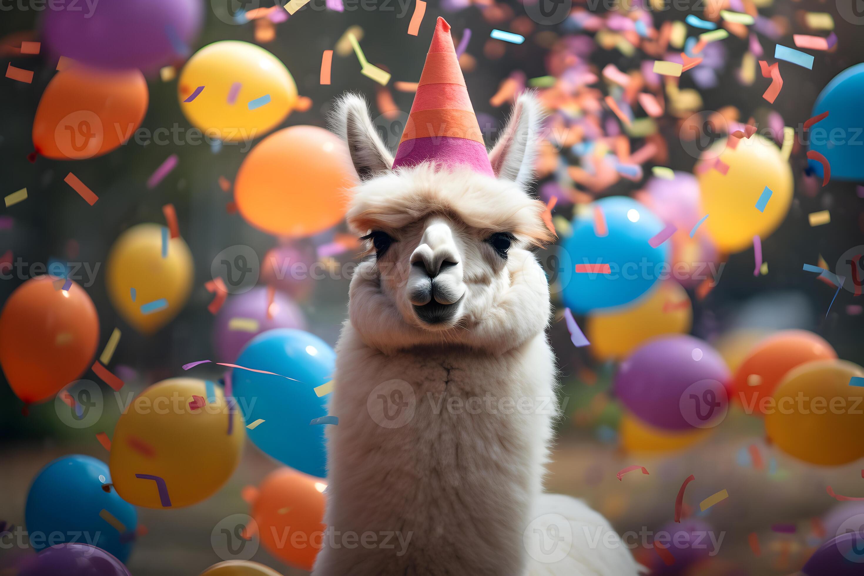 AI generated Happy cute lama, alpaca in a party hat enjoys and celebrates a birthday