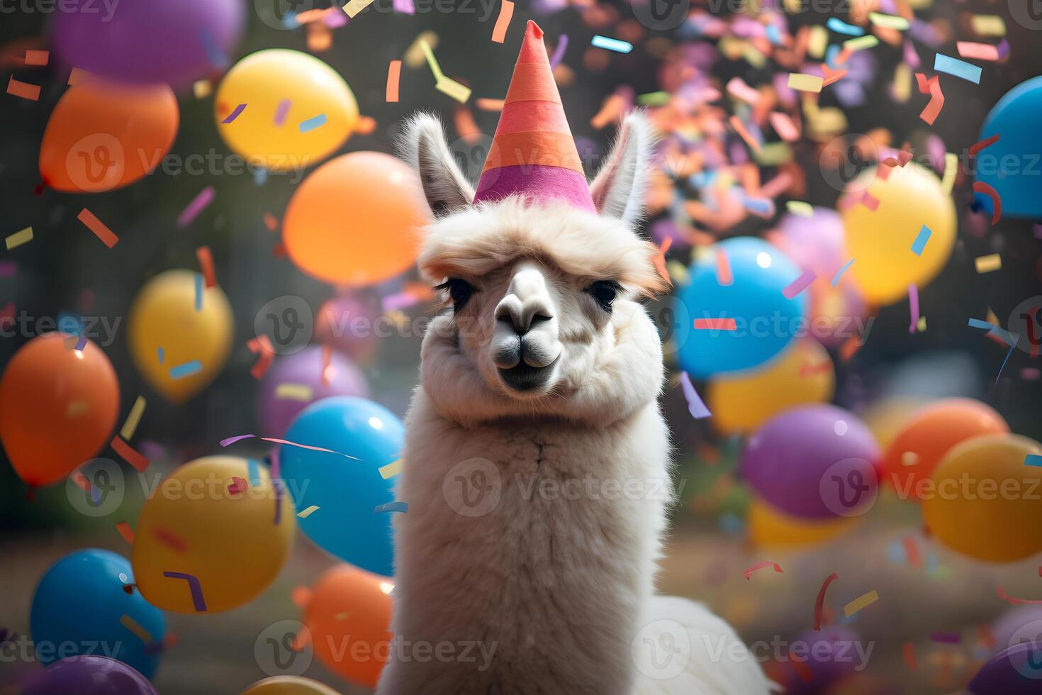 AI generated Happy cute lama, alpaca in a party hat enjoys and celebrates a birthday surrounded by falling confetti and balloons. Pet birthday concept on bright background. photo