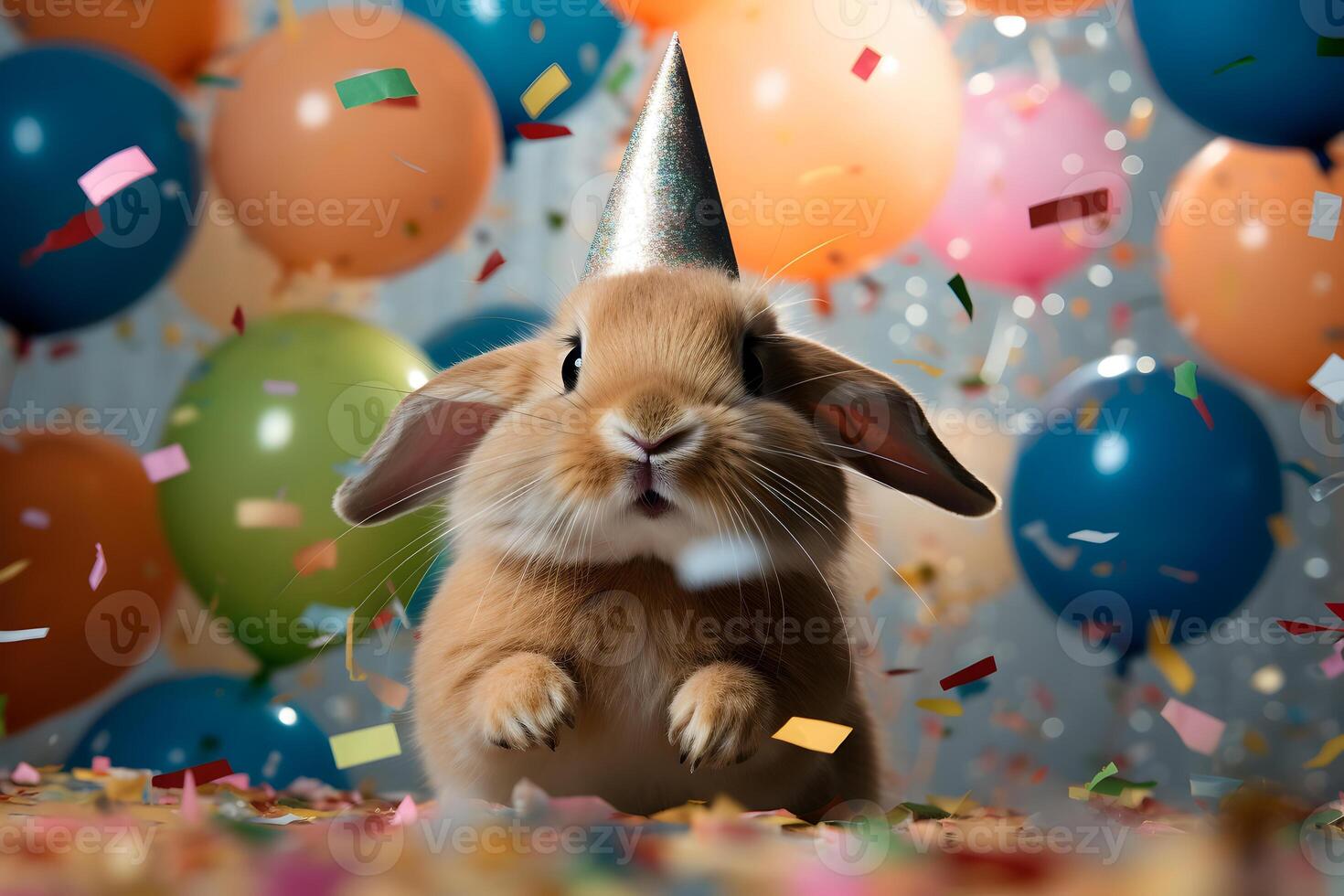 AI generated Happy cute rabbit, bunny in a party hat enjoys and celebrates a birthday surrounded by falling confetti and balloons. Pet birthday concept on bright background. photo