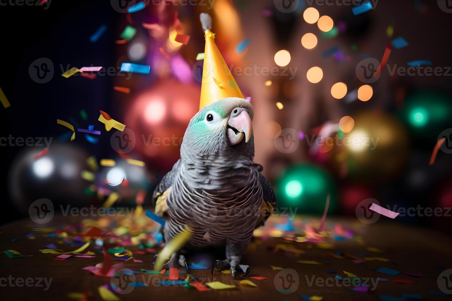 ai generado contento linda loro en un fiesta sombrero disfruta y celebra un cumpleaños rodeado por que cae papel picado y globos mascota cumpleaños concepto en brillante antecedentes. foto