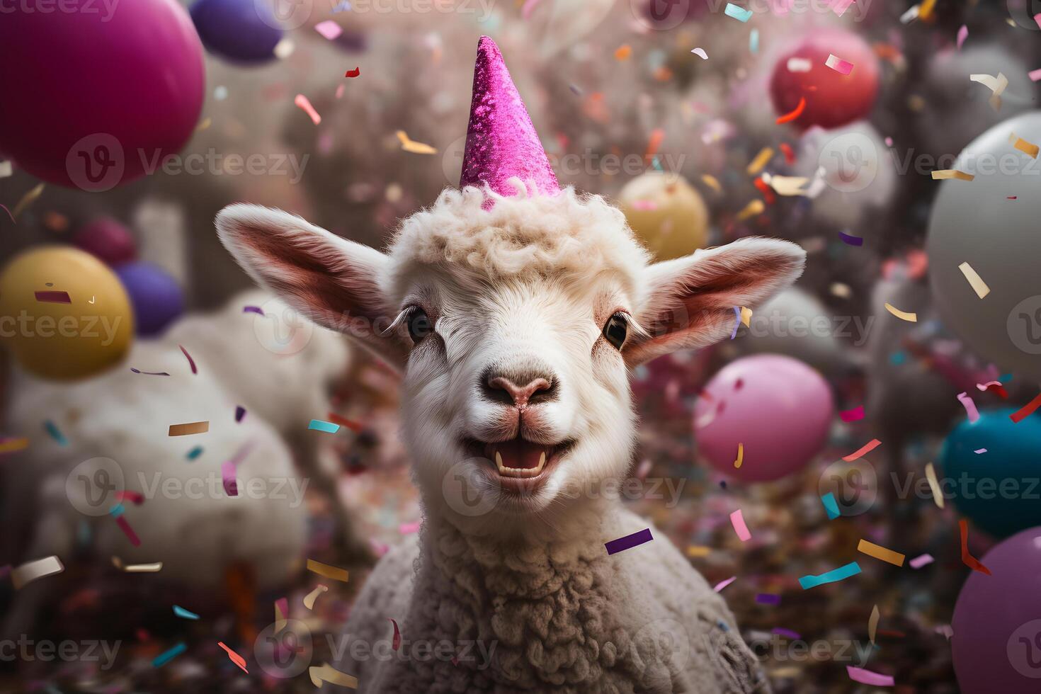 AI generated Happy cute lamb in a party hat enjoys and celebrates a birthday surrounded by falling confetti and balloons. Pet birthday concept on bright background. photo