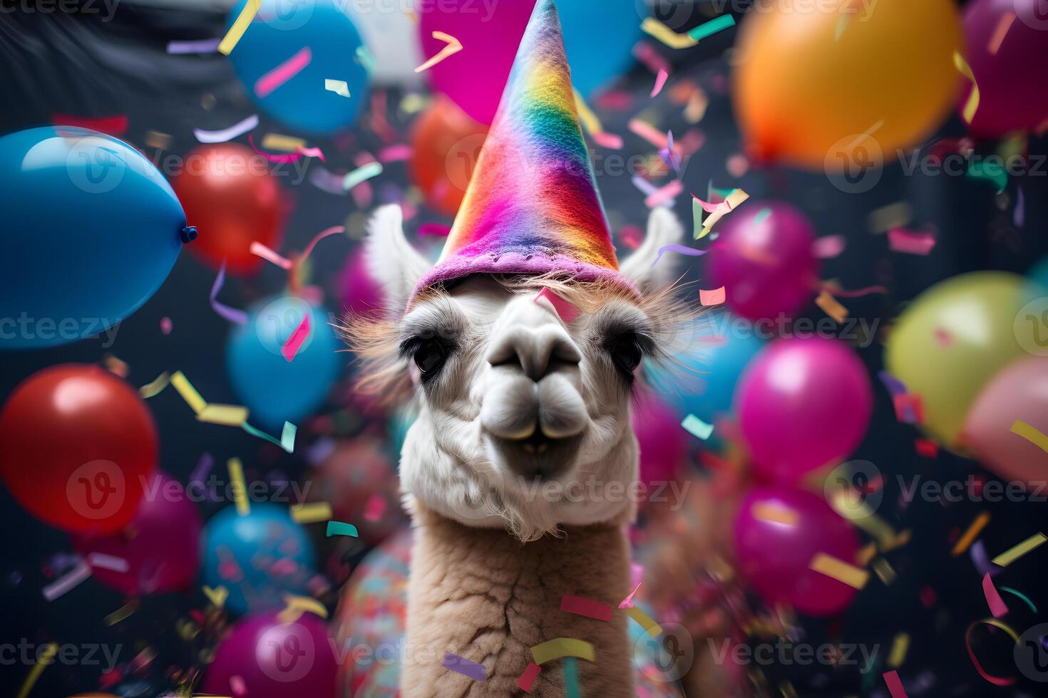 AI generated Happy cute lama, alpaca in a party hat enjoys and celebrates a birthday surrounded by falling confetti and balloons. Pet birthday concept on bright background. photo