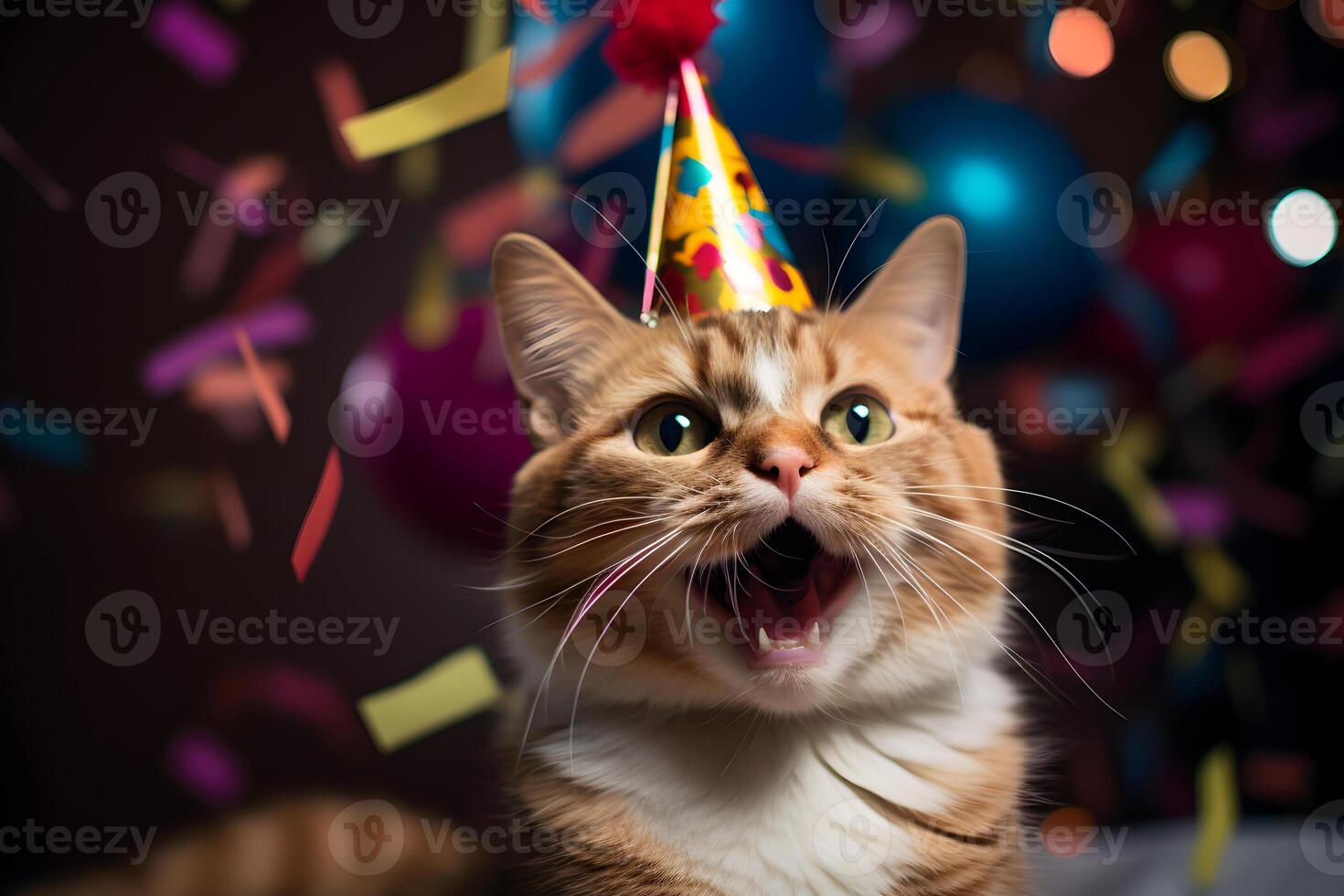 AI generated Happy cute cat in a party hat enjoys and celebrates a birthday surrounded by falling confetti. Pet birthday concept on bright background. photo