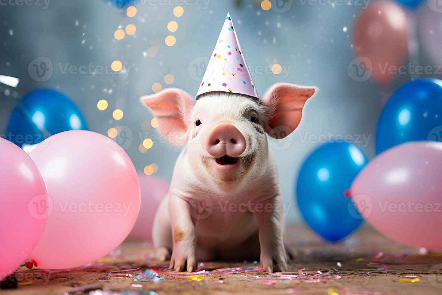 AI generated Happy cute pig, piggy in a party hat enjoys and celebrates a birthday surrounded by falling confetti and balloons. Pet birthday concept on bright background. photo