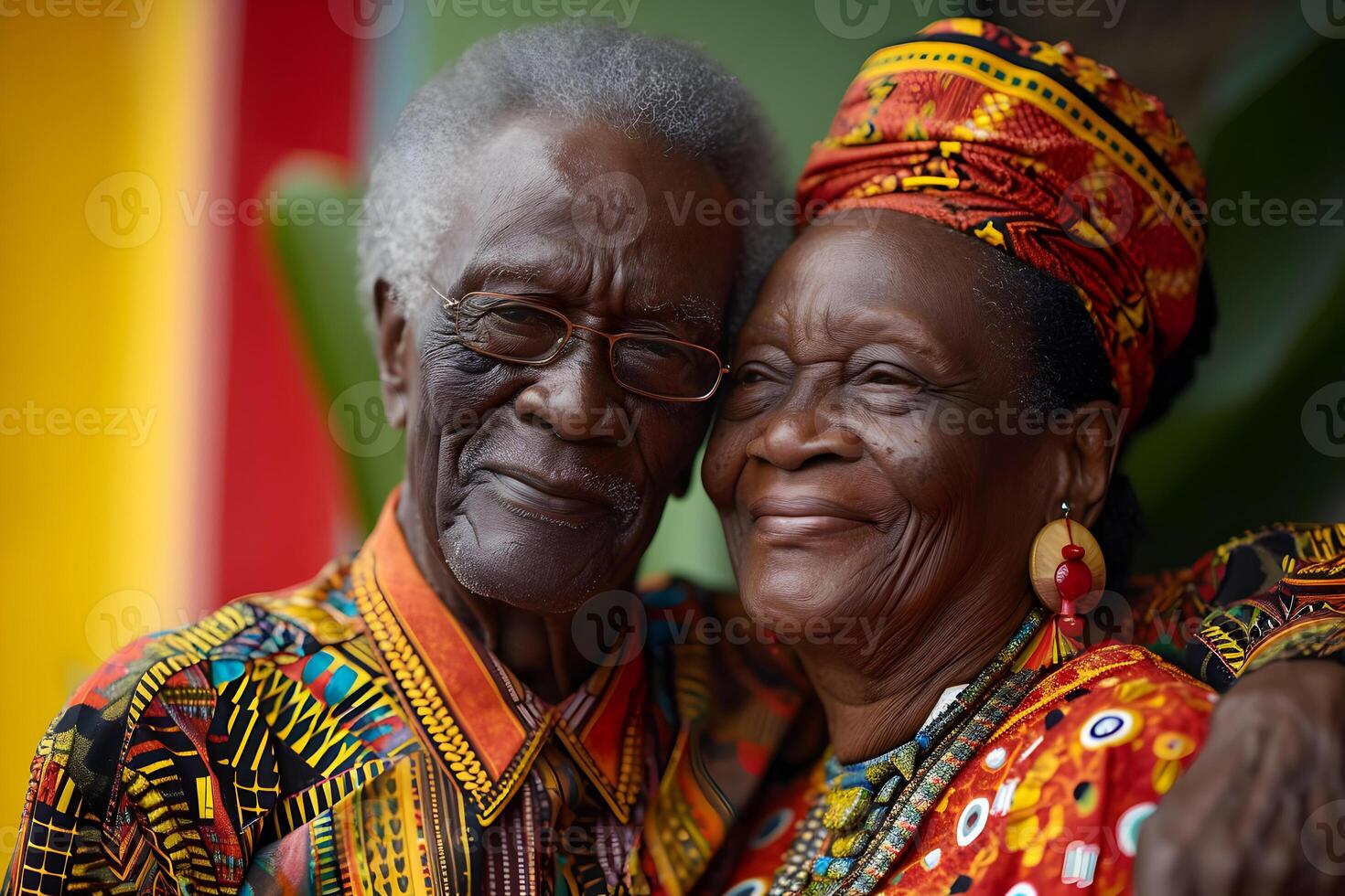 AI generated Black History Month banner with african-american elderly couple portrait in national clothes over red yellow green background. Juneteenth Freedom Day Celebration, african liberation day. photo