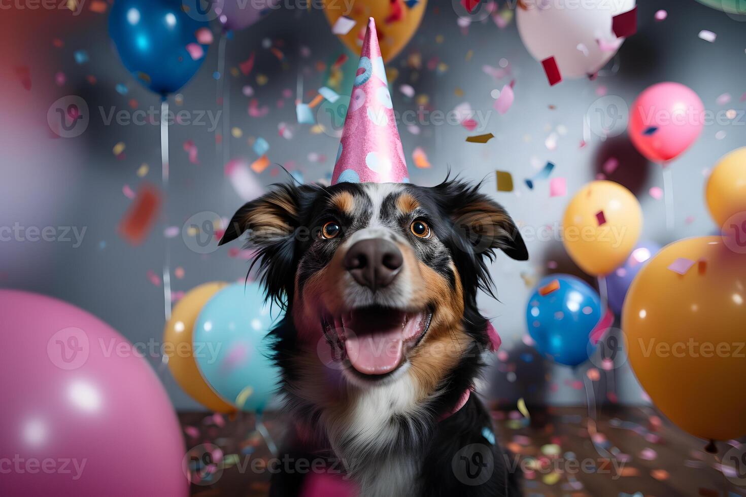 ai generado contento linda perro australiano pastor en un fiesta sombrero disfruta y celebra un cumpleaños rodeado por que cae papel picado y globos mascota cumpleaños concepto en brillante antecedentes. foto