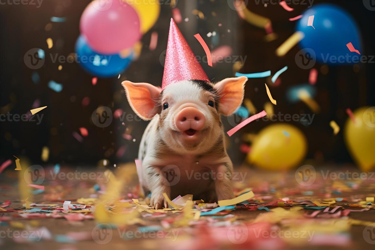 AI generated Happy cute pig, piggy in a party hat enjoys and celebrates a birthday surrounded by falling confetti and balloons. Pet birthday concept on bright background. photo