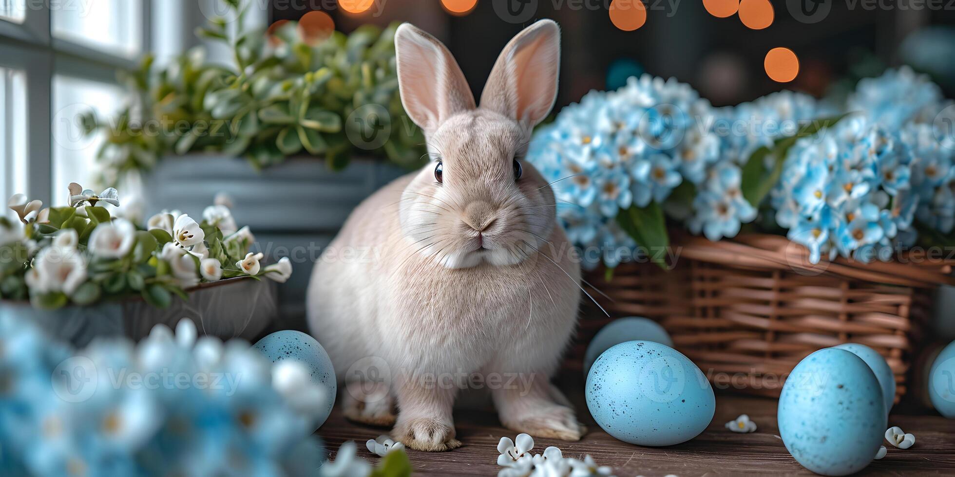 AI generated Easter bunny with spring flowers and blue painted easter eggs on wooden table. Holiday banner concept with cute rabbit and festive decoration. photo