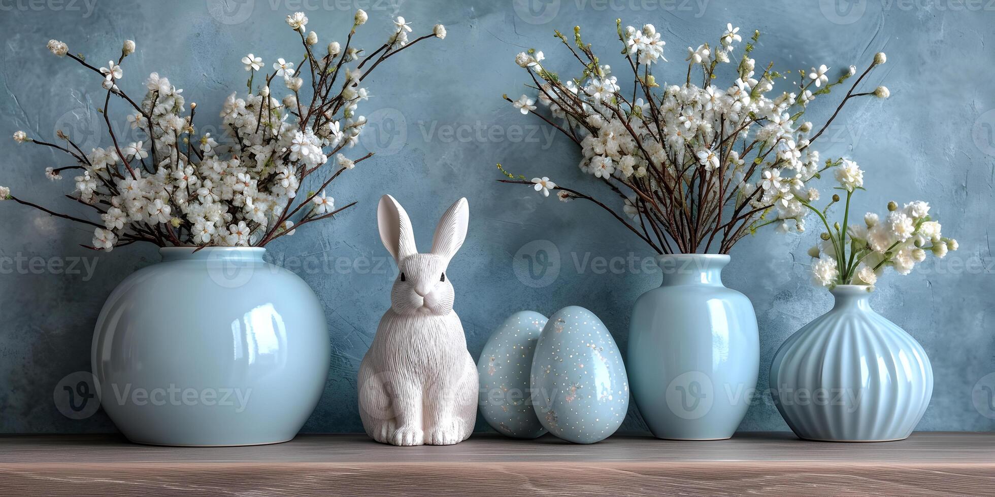 AI generated Easter bunny toy with white spring flowers and painted easter eggs on blue background. Holiday banner concept with cute rabbit. photo