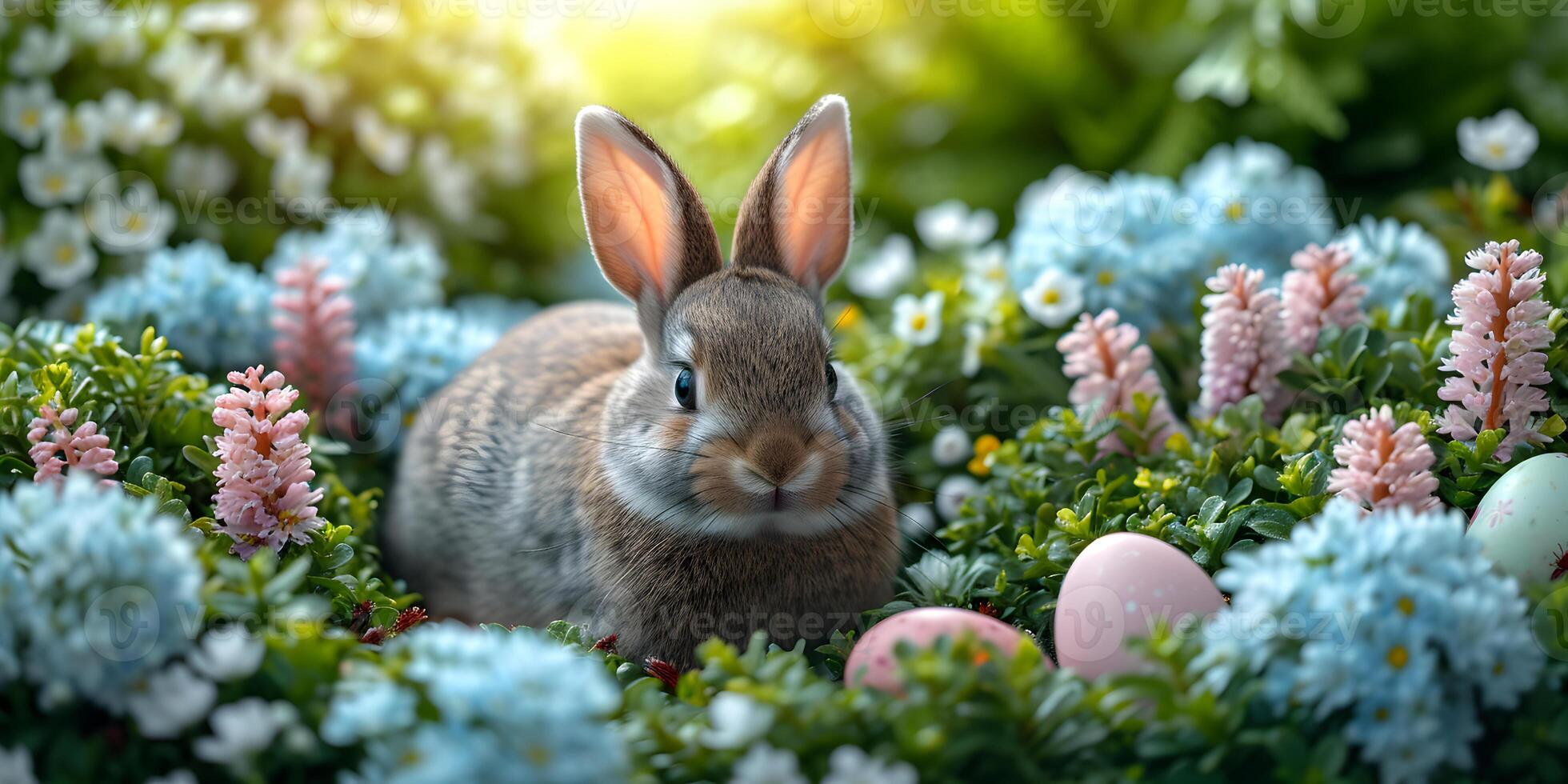 AI generated Easter bunny with spring flowers and colorful painted easter eggs on nature, field background. Holiday banner concept, cute rabbit with festive decoration. photo