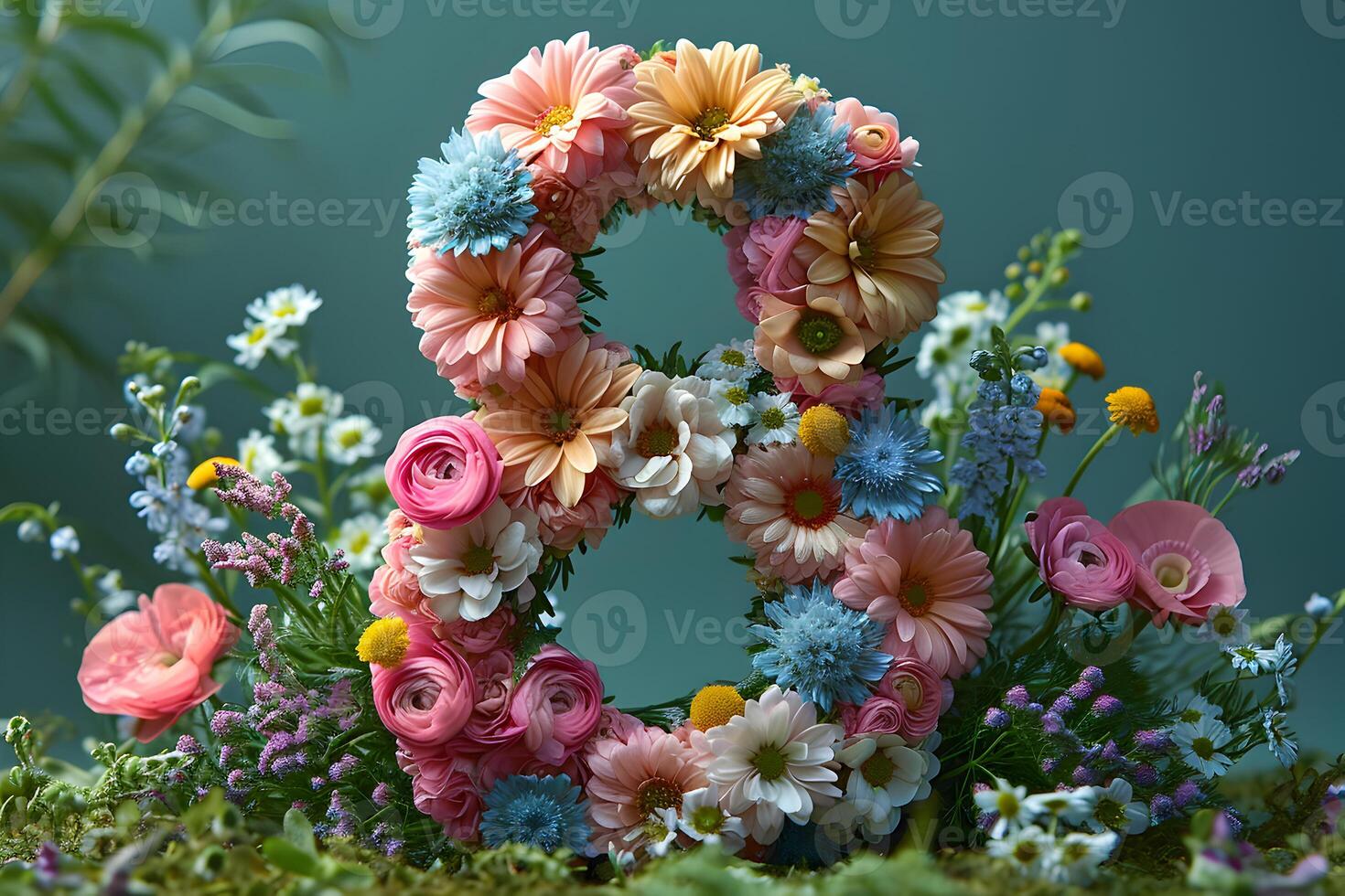 ai generado contento 8vo marzo, internacional De las mujeres día floral bandera antecedentes con primavera flores decoración. foto