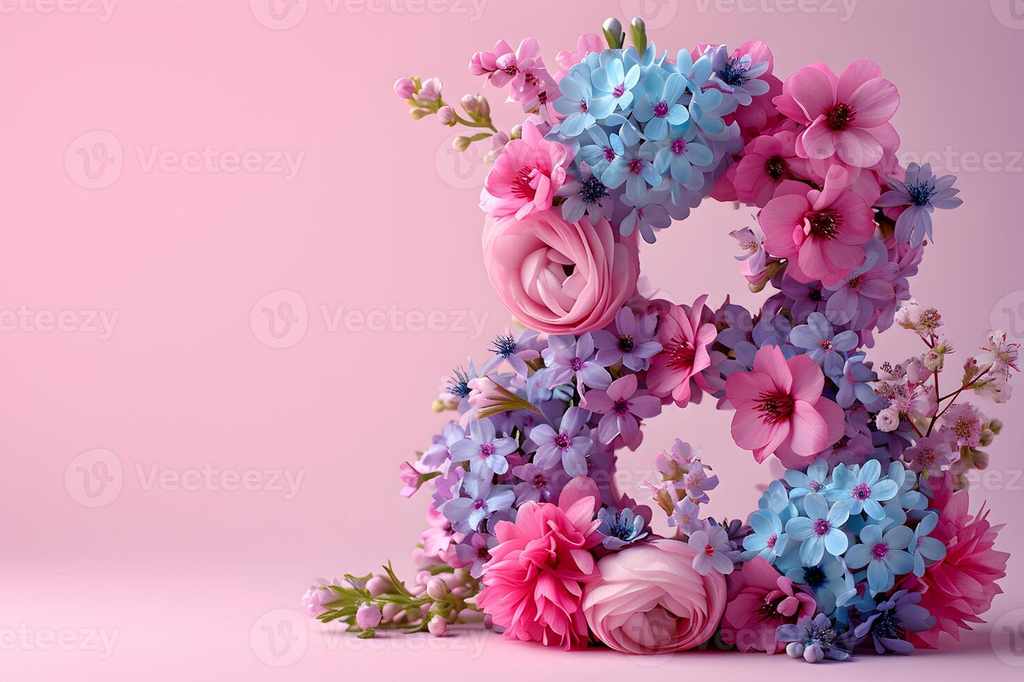 AI generated Happy 8th march, international women's day floral banner on pastel pink background with spring flowers decoration and copy space. photo