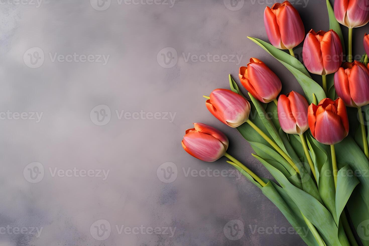 AI generated Red tulip flowers on dark concrete background, spring flat lay composition. Valentine's, womens, mothers day, birthday or wedding concept. Top view. Copy space. Generated AI. photo