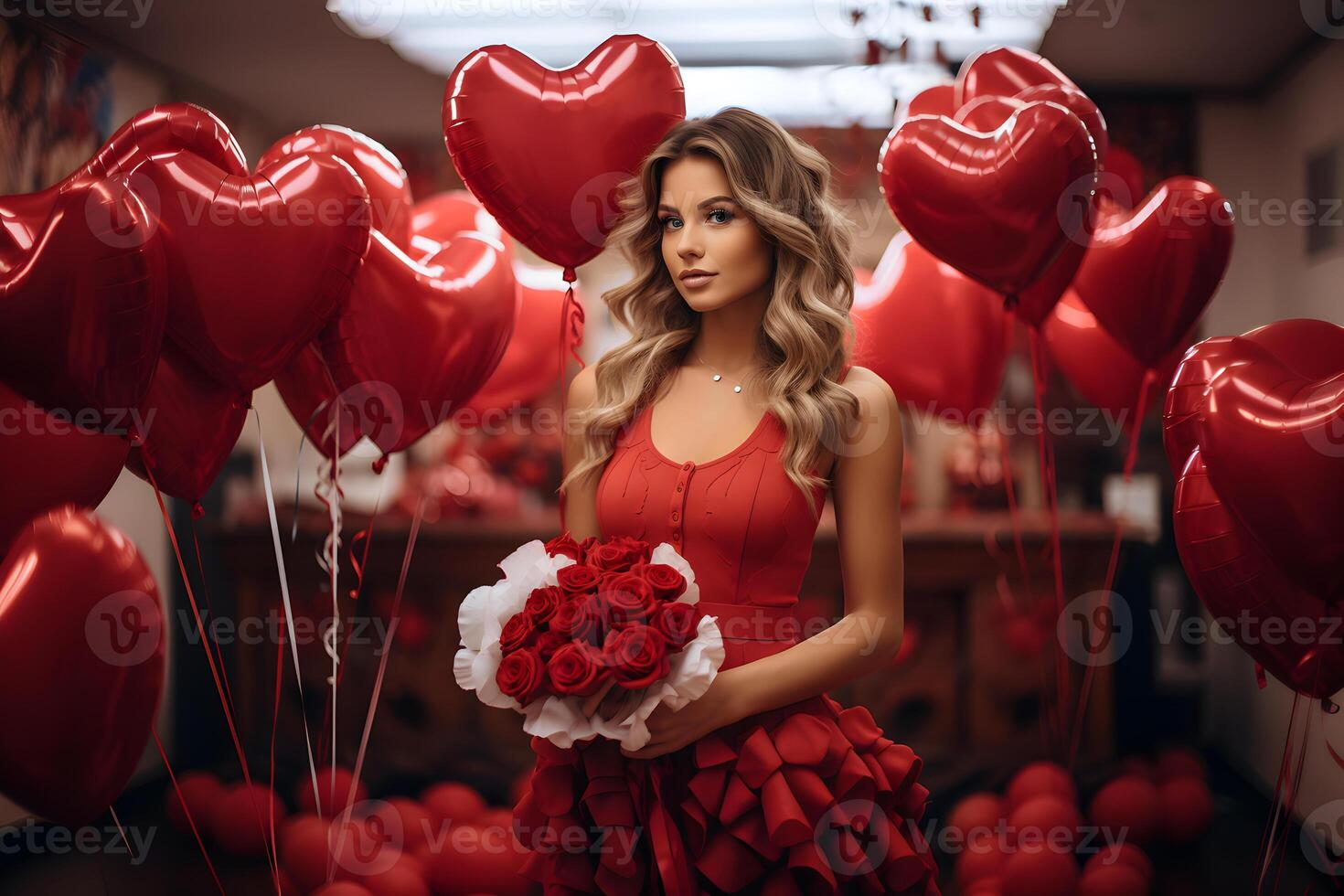 AI generated Young blonde woman holding red roses bouquet and red hearts balloons. Valentines day, birthday or an offer of marriage celebration. photo