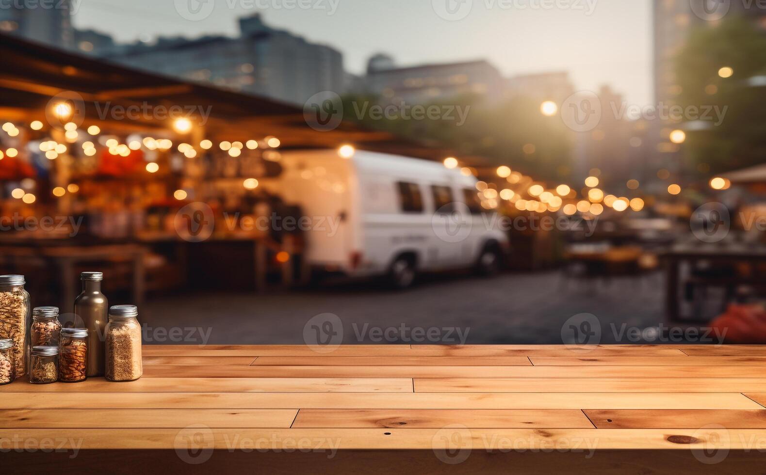 AI generated wood table top and Abstract blur food truck festival banner mockup for display of product photo