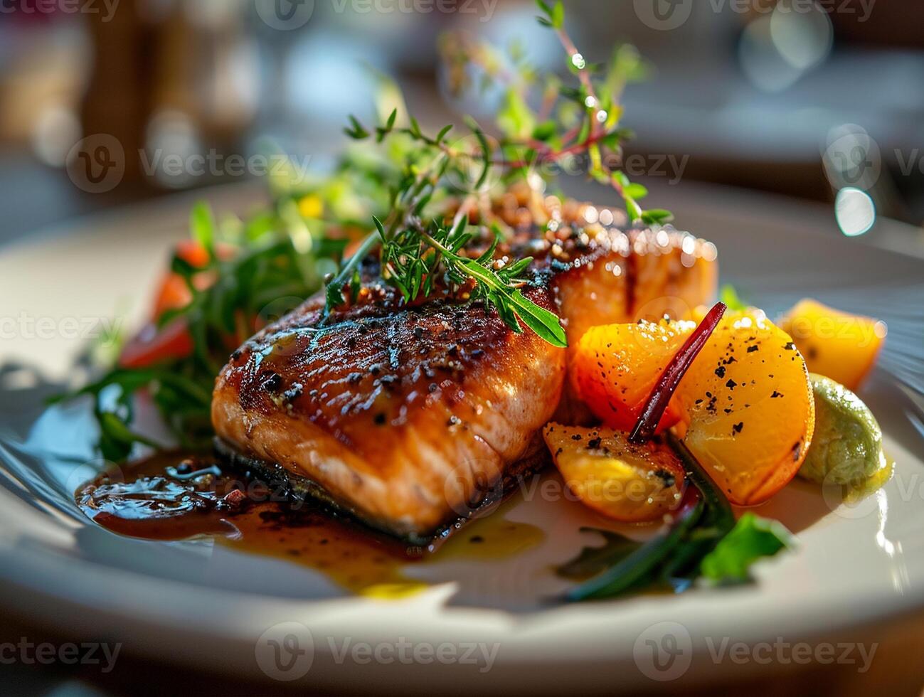 AI generated Fish salmon steak with vegetables on the dish. photo