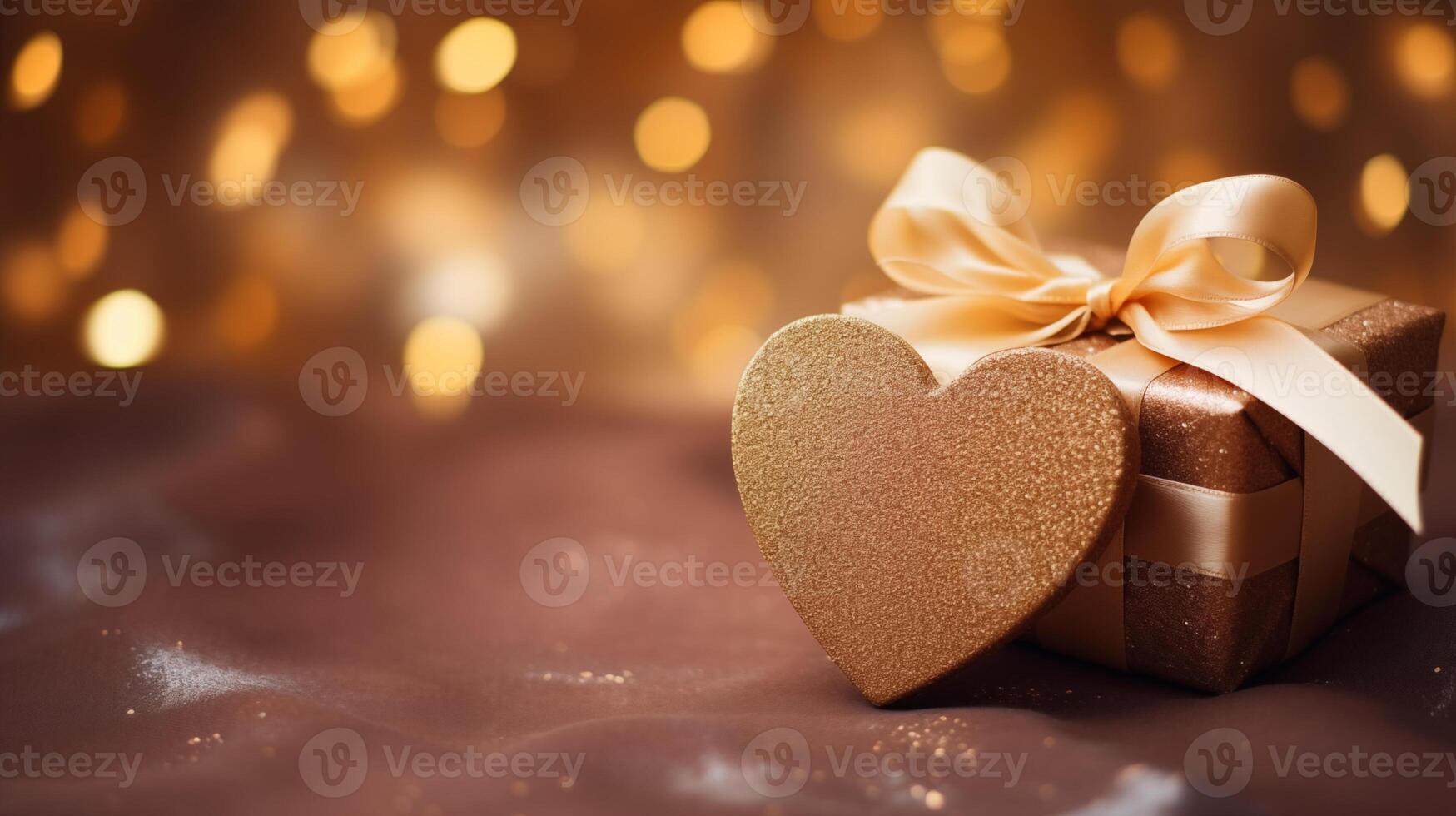 AI generated Closeup luxury golden heart giftbox on velvet fabric, paper card closed copyspace bokeh star glitter background photo