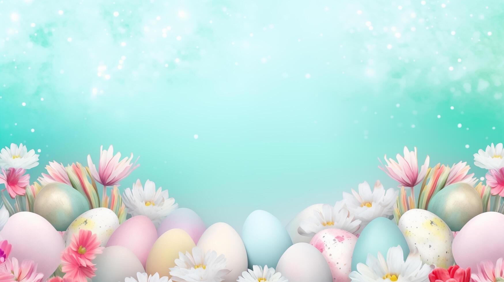 AI generated Happy Easter border frame of easter eggs and flowers with copy space in the middle spring season photo