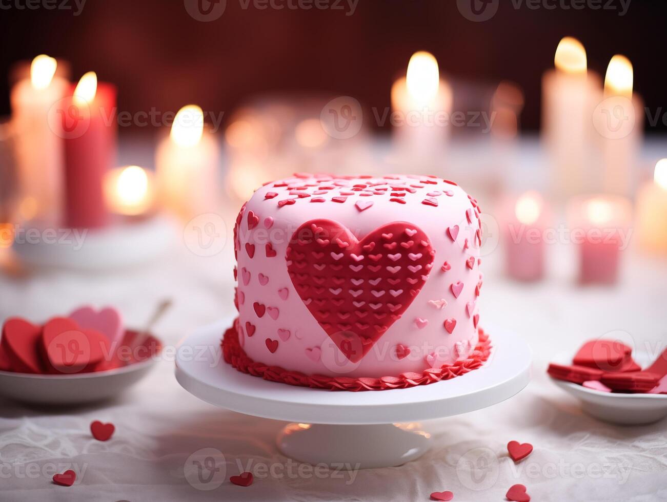 ai generado san valentin postres, de cerca disparo, Boda pastel en mesa decorado con san valentin ornamento, rosa, suave rojo, panadería, adorable detalles, limpiar ligero fondo, decorado para san valentin foto