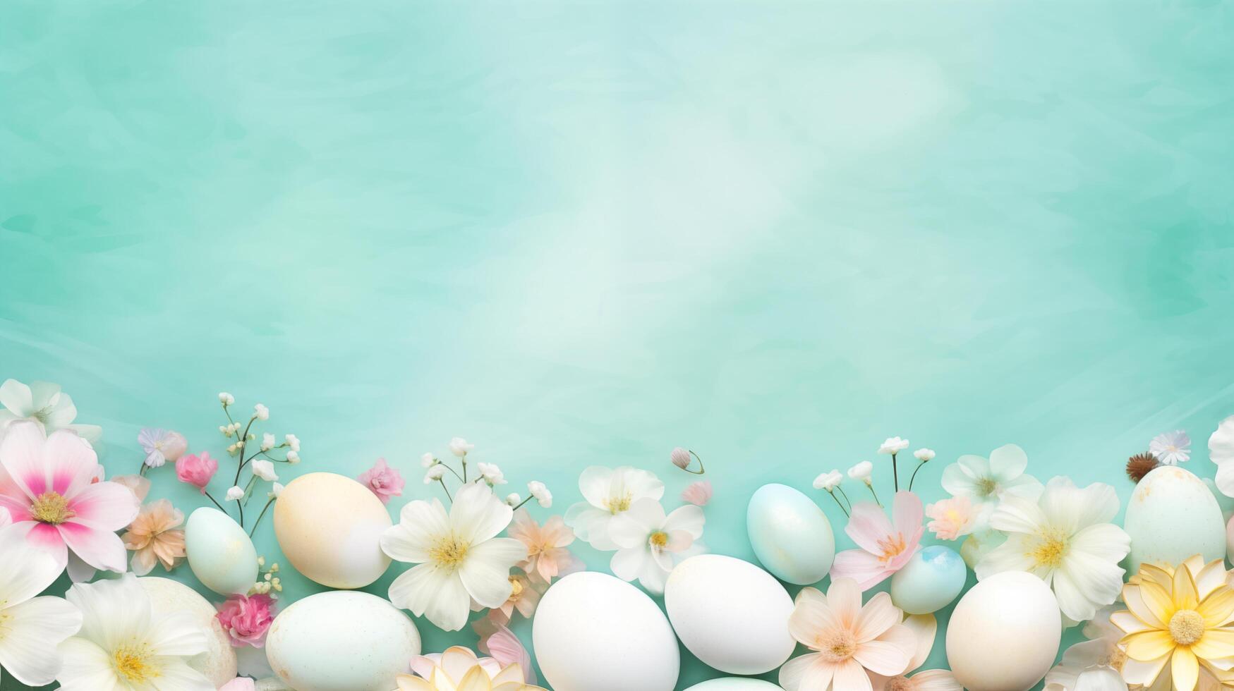 AI generated Happy Easter border frame of easter eggs and flowers with copy space in the middle spring season photo