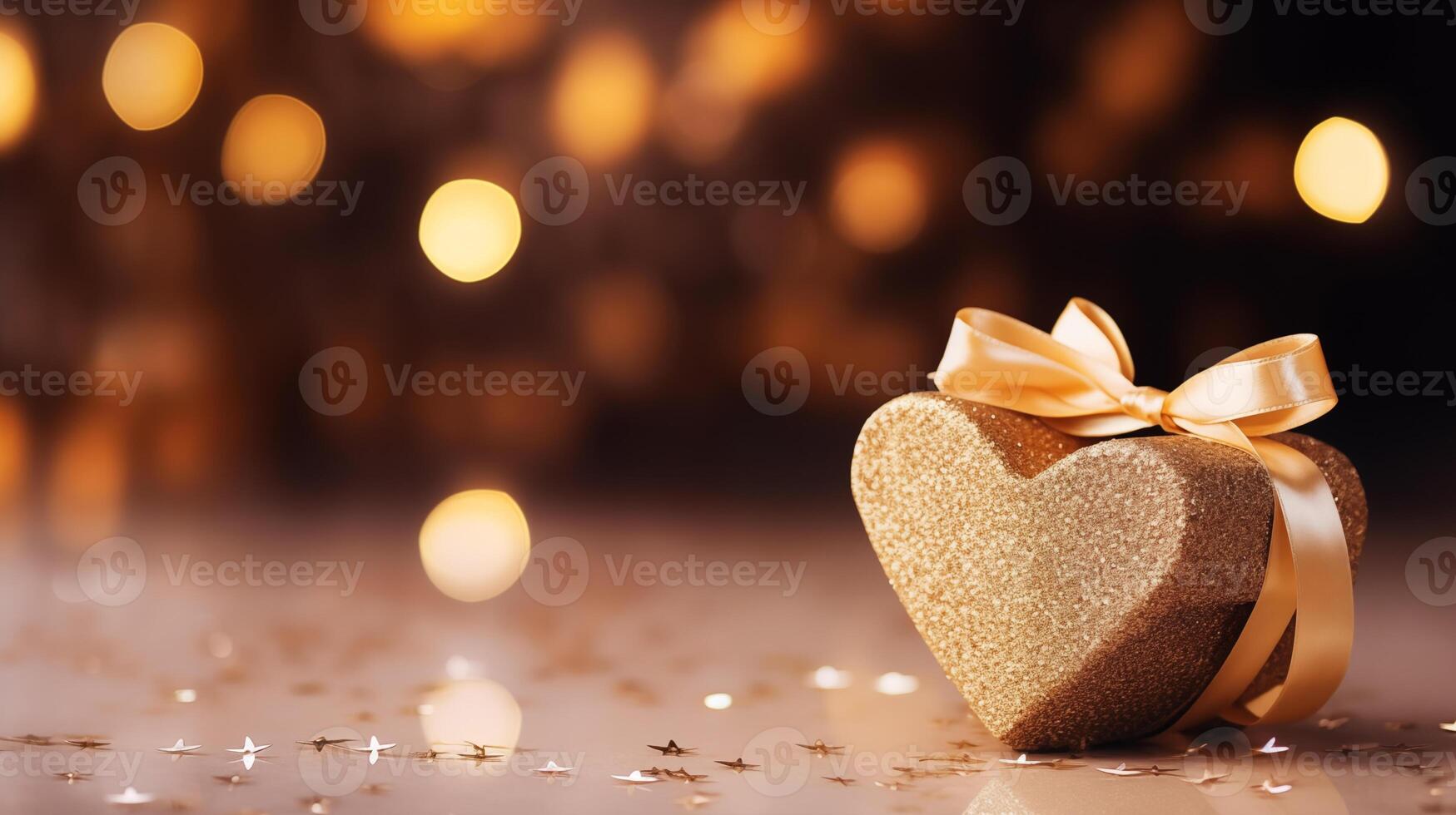 AI generated Closeup luxury golden heart giftbox on velvet fabric, paper card closed, copyspace bokeh star glitter background photo