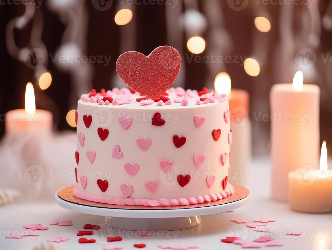 ai generado san valentin postres, de cerca disparo, Boda pastel en mesa decorado con san valentin ornamento, rosa, suave rojo, panadería, adorable detalles, limpiar ligero fondo, decorado para san valentin foto